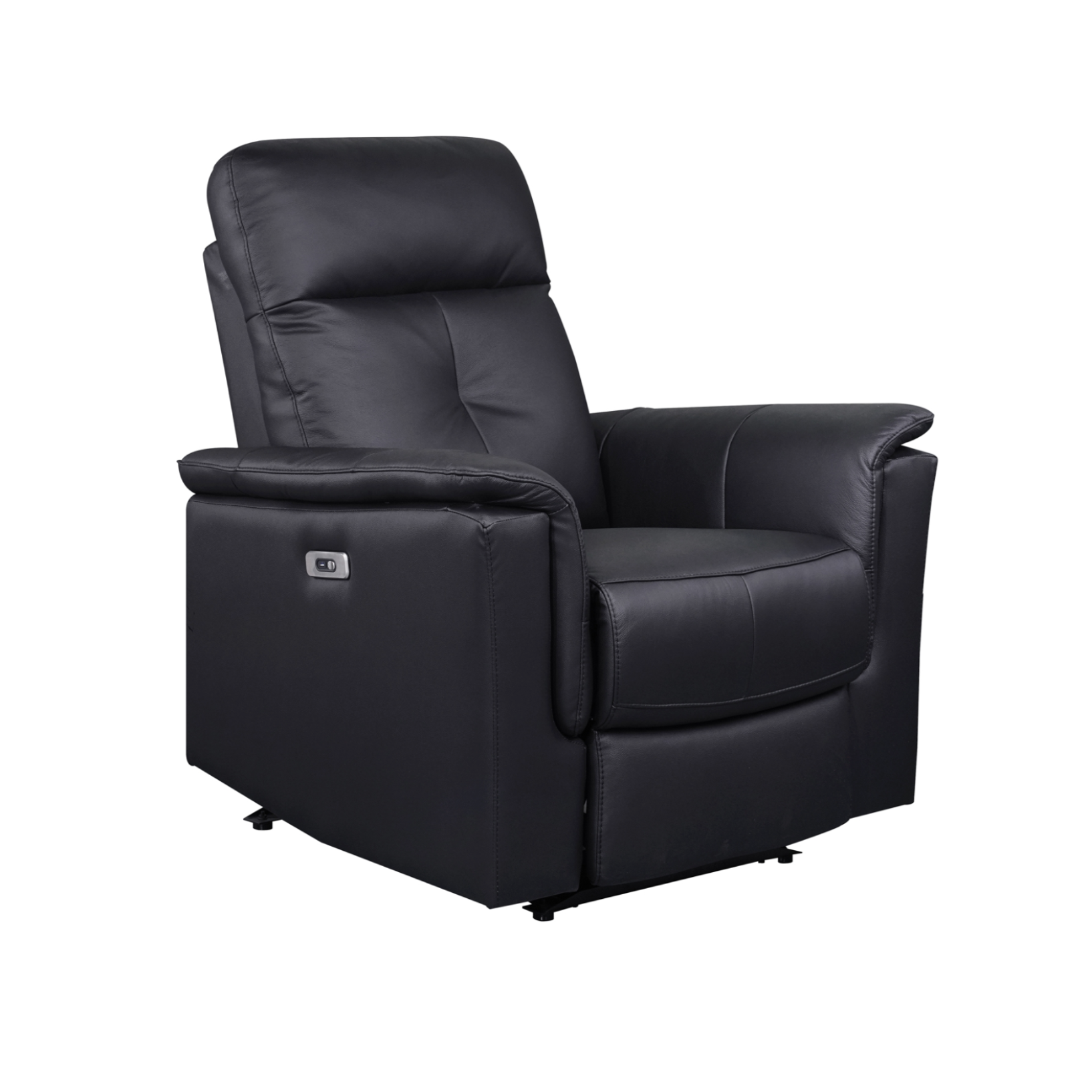 MAZ Bristow Power Glider Recliner in black fabric, showing the plush seat and reclining mechanism.