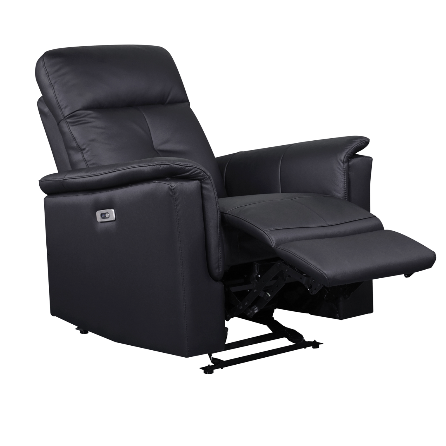 MAZ Bristow Power Glider Recliner in black fabric, featuring plush cushioning and a reclining mechanism for comfort.