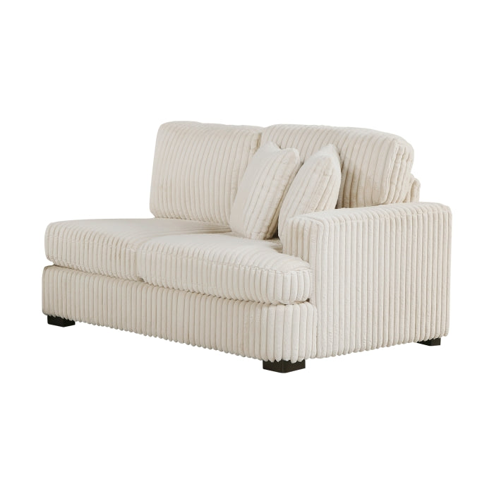 Maz Warwick 3-piece beige sectional sofa with plush cushions, shown from the side view. Modern, comfortable living room furniture.