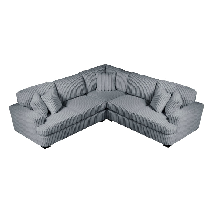 MAZ Warwick 3-piece grey sectional sofa with plush cushions and modern design, showing side view with no background.