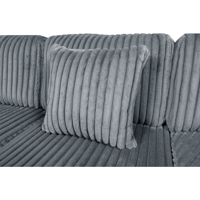 Close-up of the grey Warwick 3-piece sectional by MAZ, showing fabric texture and detailed stitching.