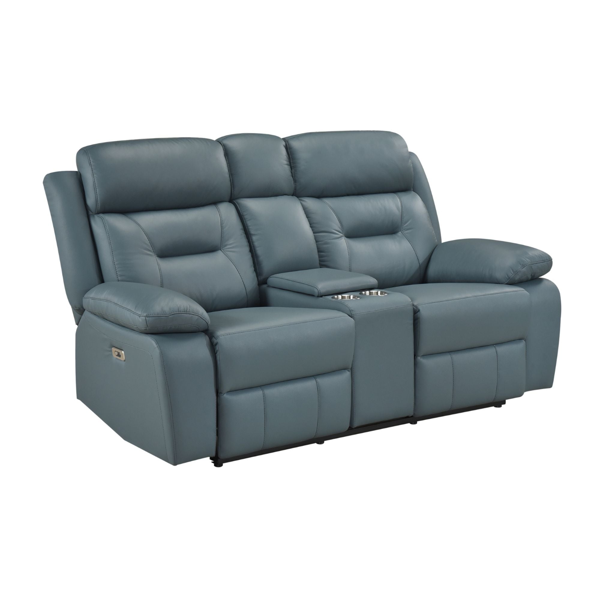 Blue-grey MAZ Laconia Collection power reclining sofa set with plush cushions and sleek design, perfect for modern living rooms.