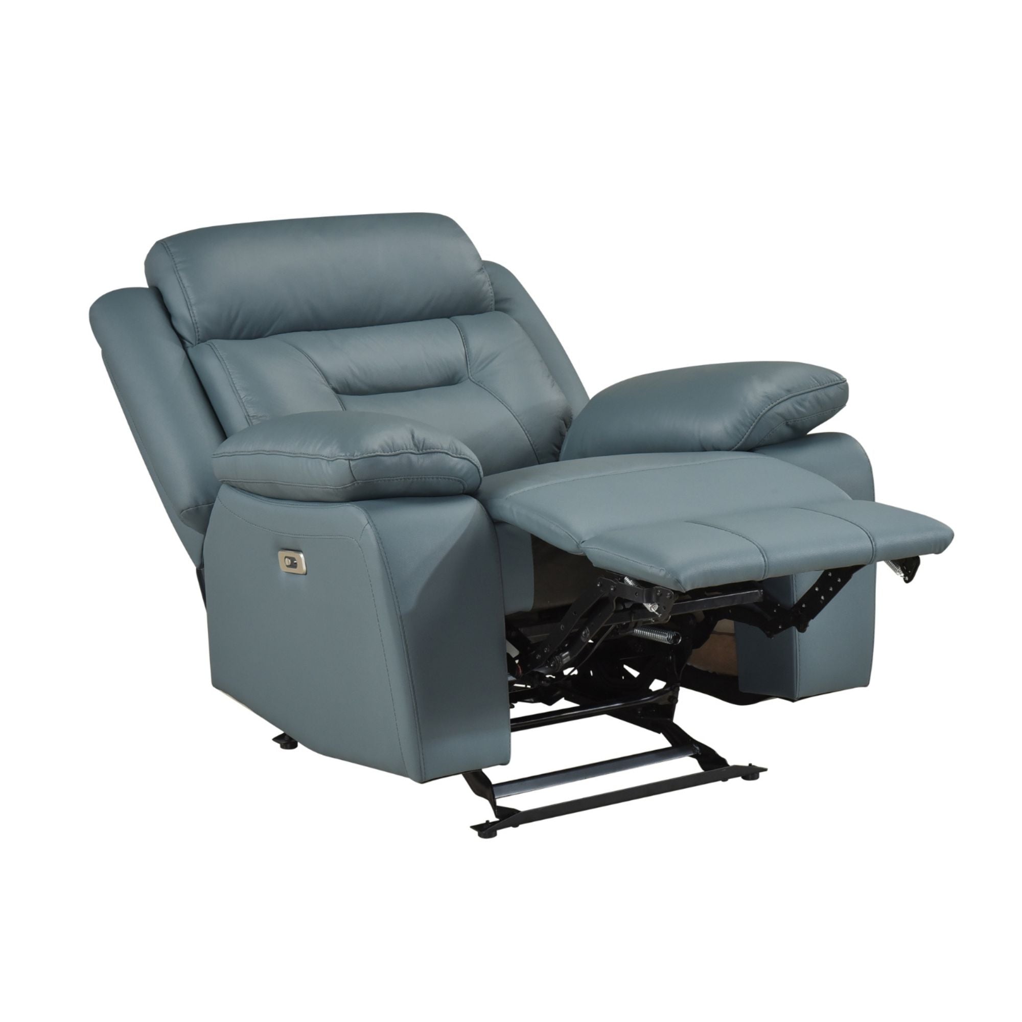 Blue-grey MAZ Laconia Collection power reclining sofa set with plush cushions and sleek design, perfect for modern living rooms.