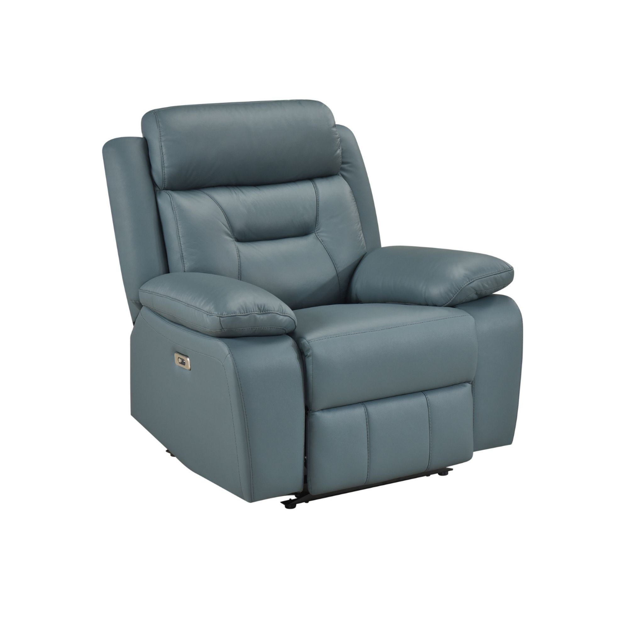 Blue-grey MAZ Laconia Collection power reclining sofa set with plush cushions and modern design.