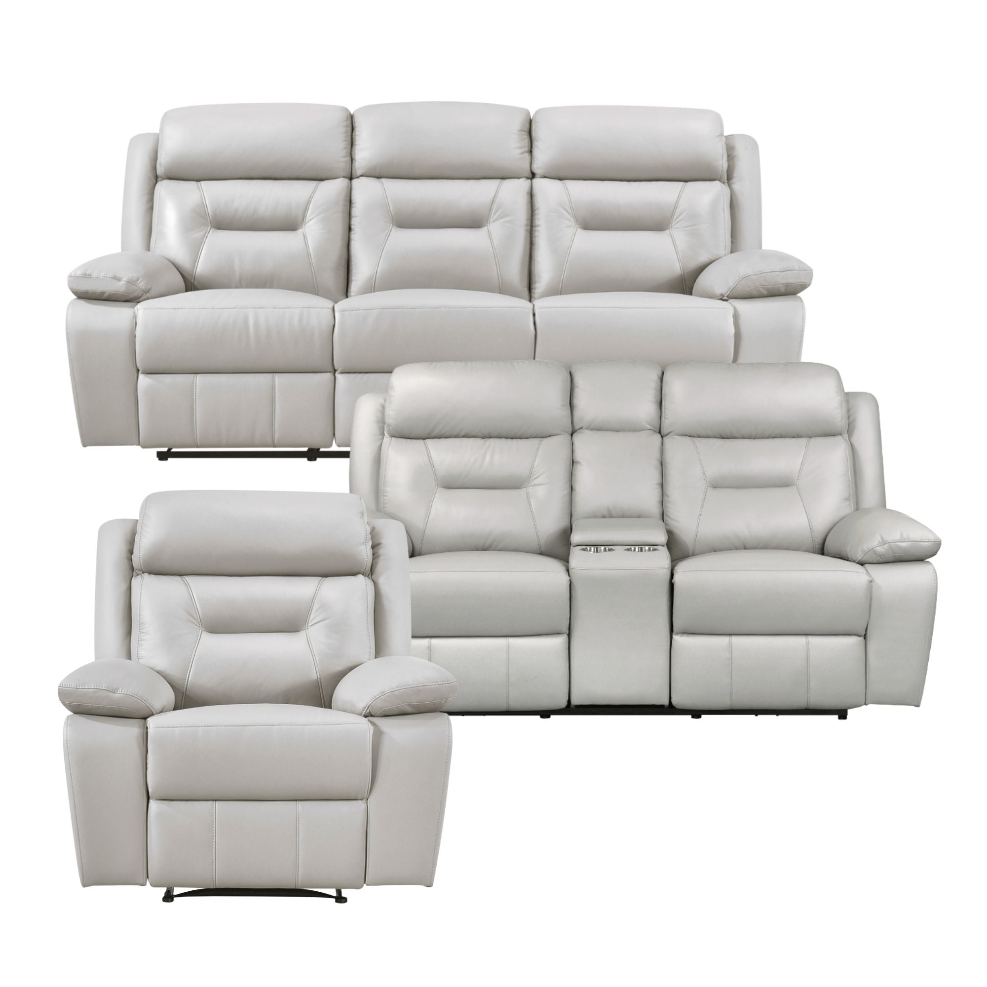 MAZ Laconia Collection power reclining sofa set in off-white with built-in console, showing plush cushions and reclining features.