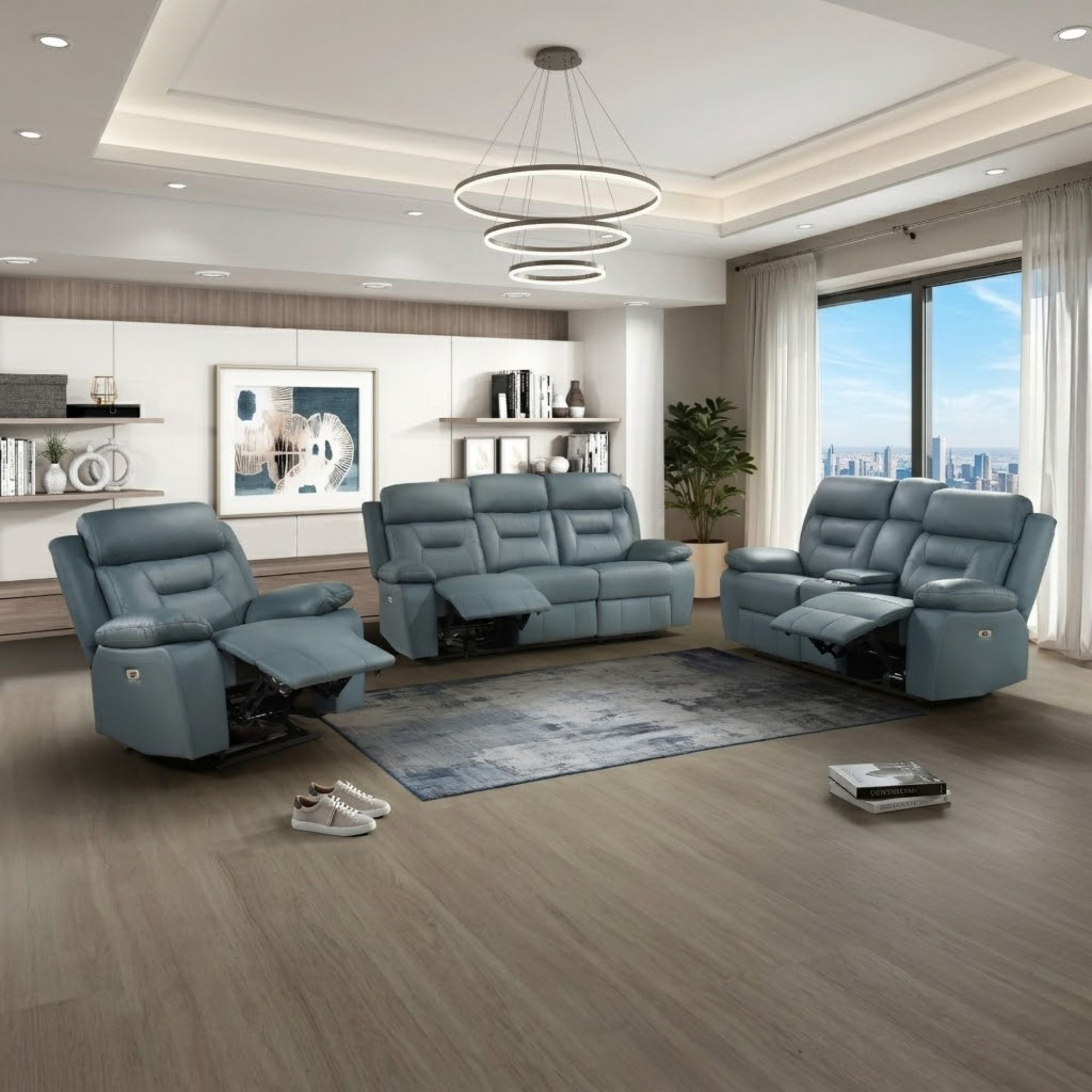 Blue-grey MAZ Laconia Collection power reclining sofa set with plush cushions and sleek design, perfect for modern living rooms.