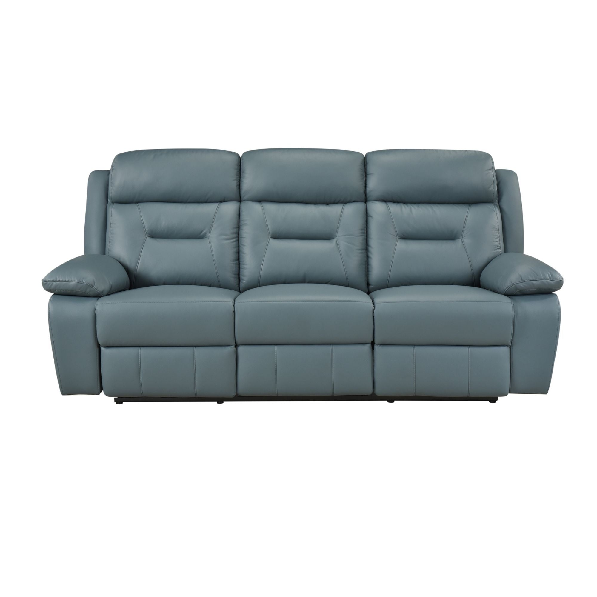 Blue-grey MAZ Laconia Collection leather reclining sofa showing plush cushions and reclining mechanism.