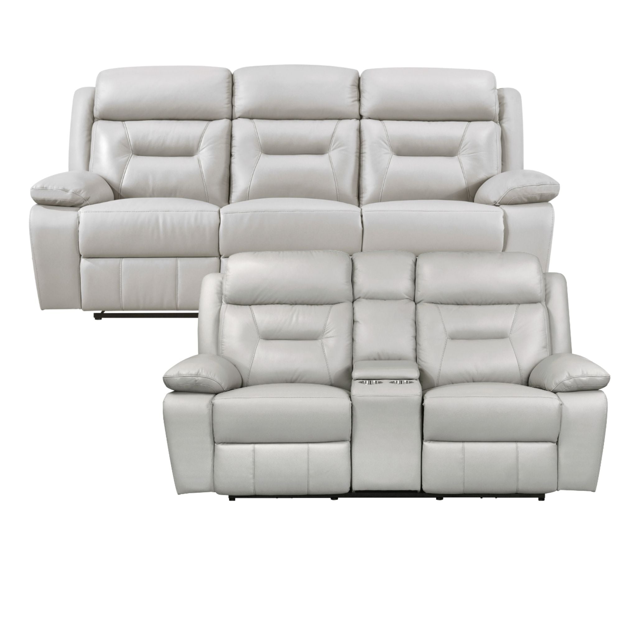 MAZ Laconia Collection power reclining sofa set in off-white with built-in console, plush cushions and modern design.
