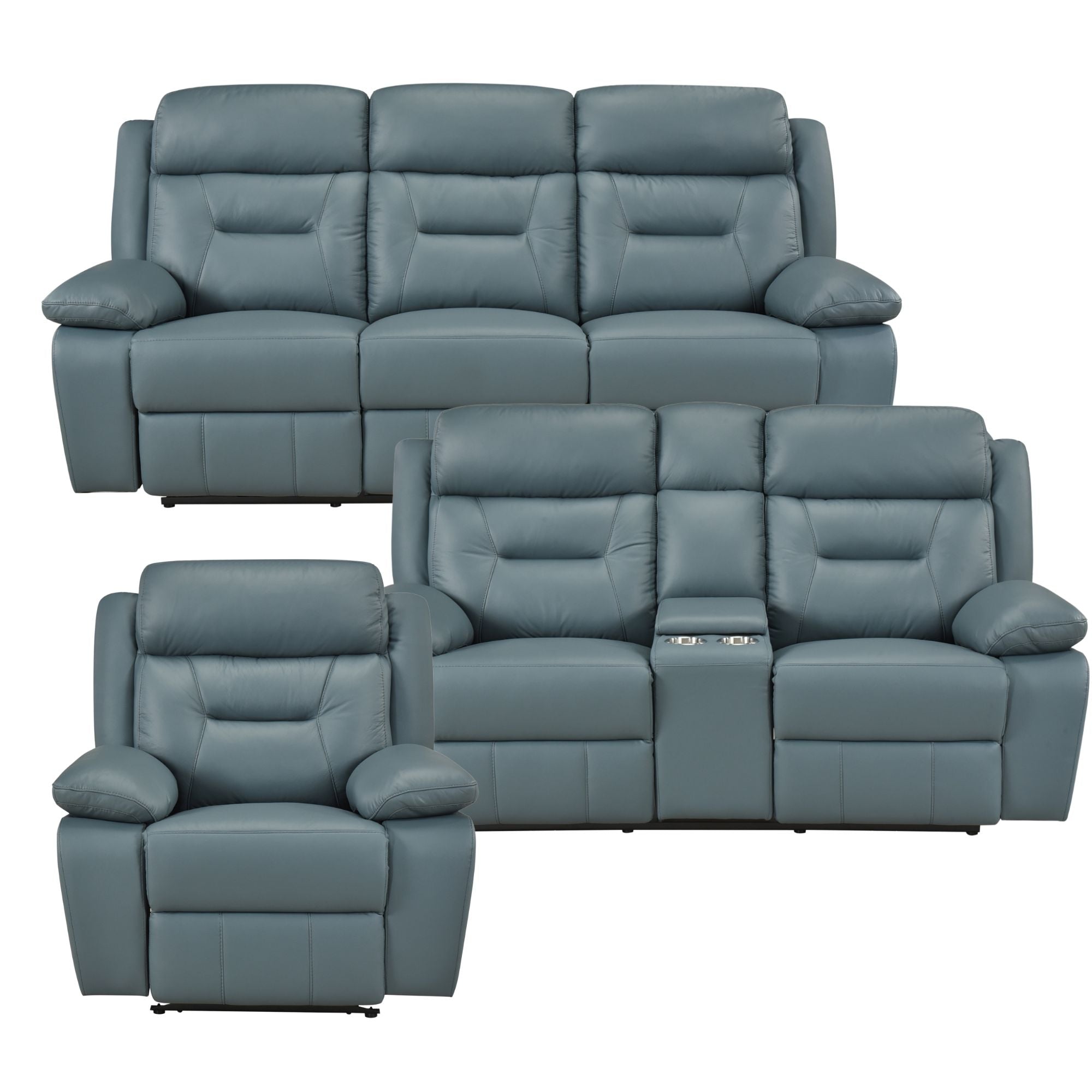 Blue-grey MAZ Laconia Collection power leather reclining sofa set with plush cushions and reclining features in a stylish living room setting.