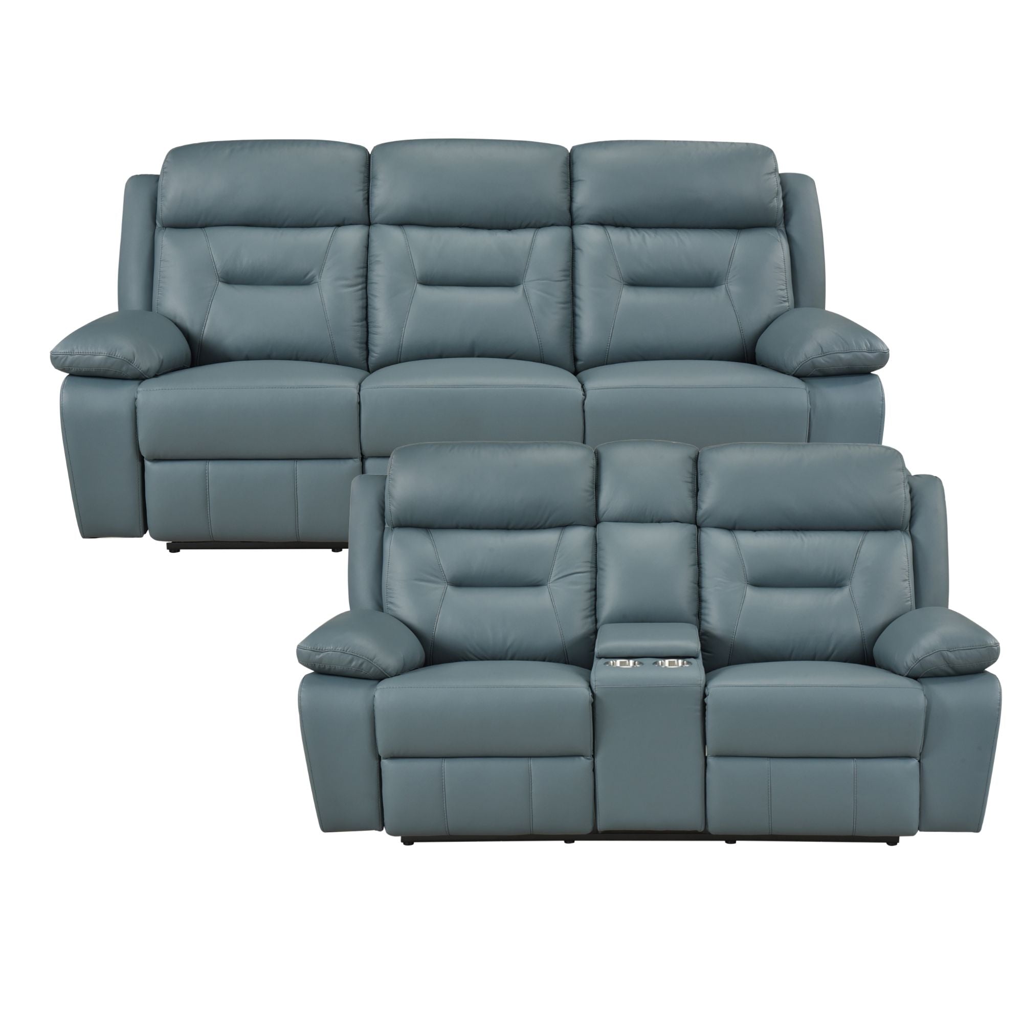 Blue-grey MAZ Laconia Collection power reclining sofa set with plush cushions and modern design, perfect for comfortable lounging.