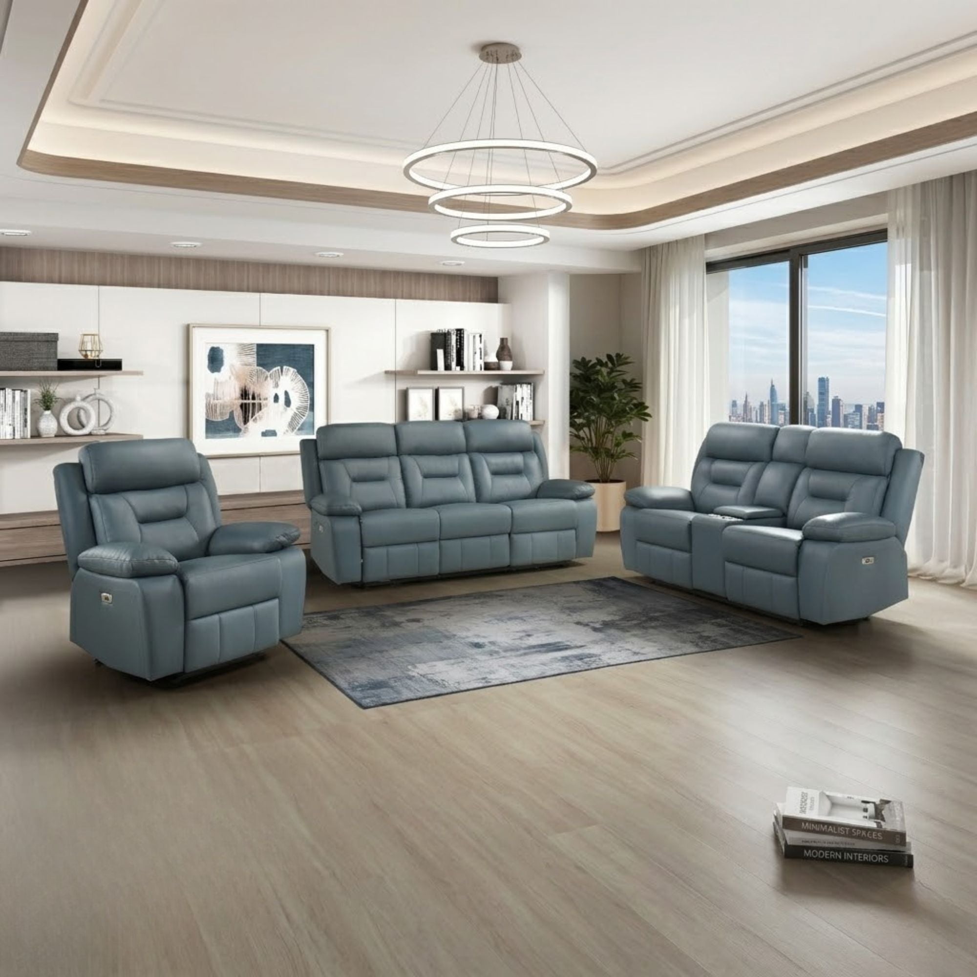 MAZ Laconia Collection power leather reclining sofa set in blue-grey with plush cushions and reclining features.
