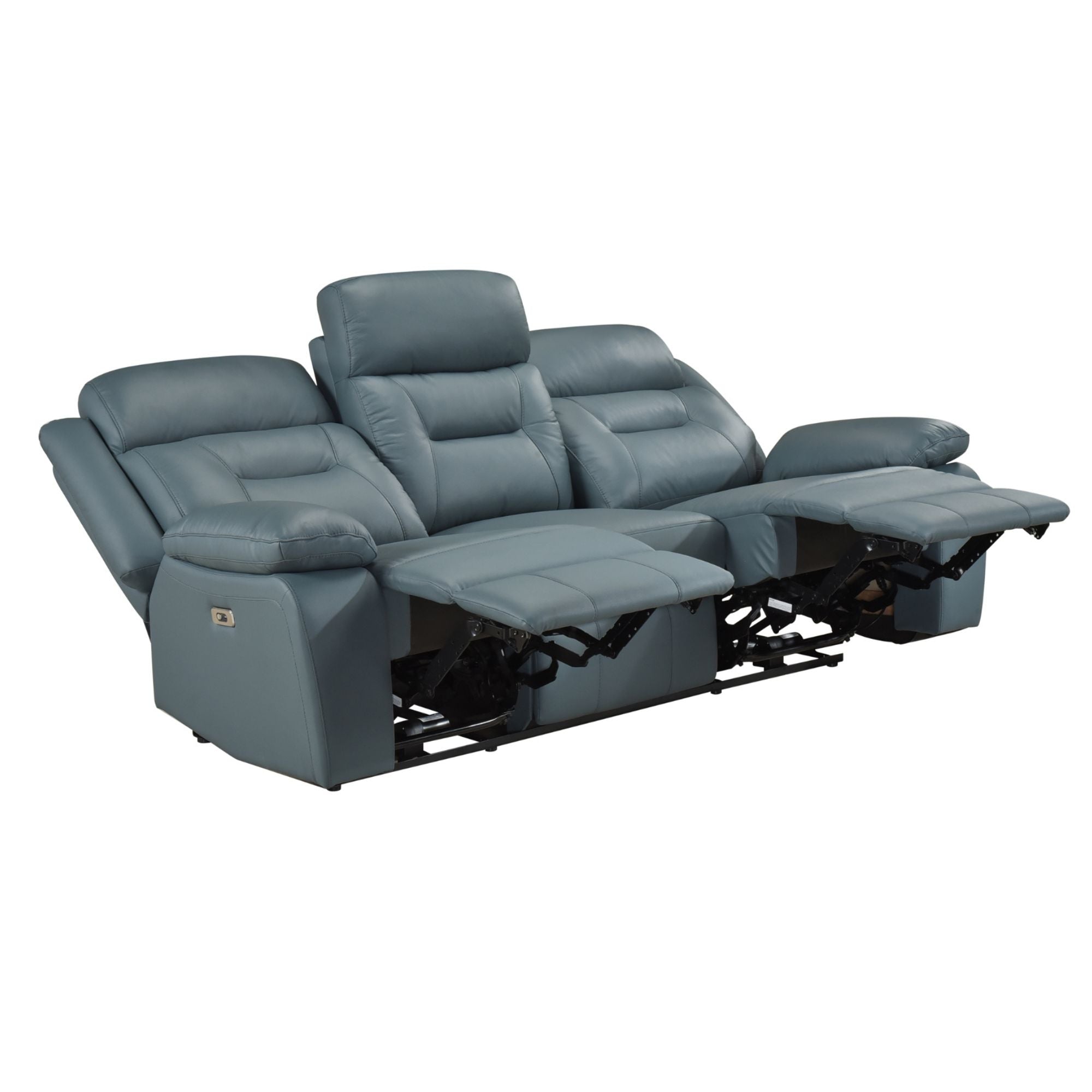 Blue-grey MAZ Laconia Collection power leather reclining sofa with plush cushions and reclining features, shown in a modern living room setting.
