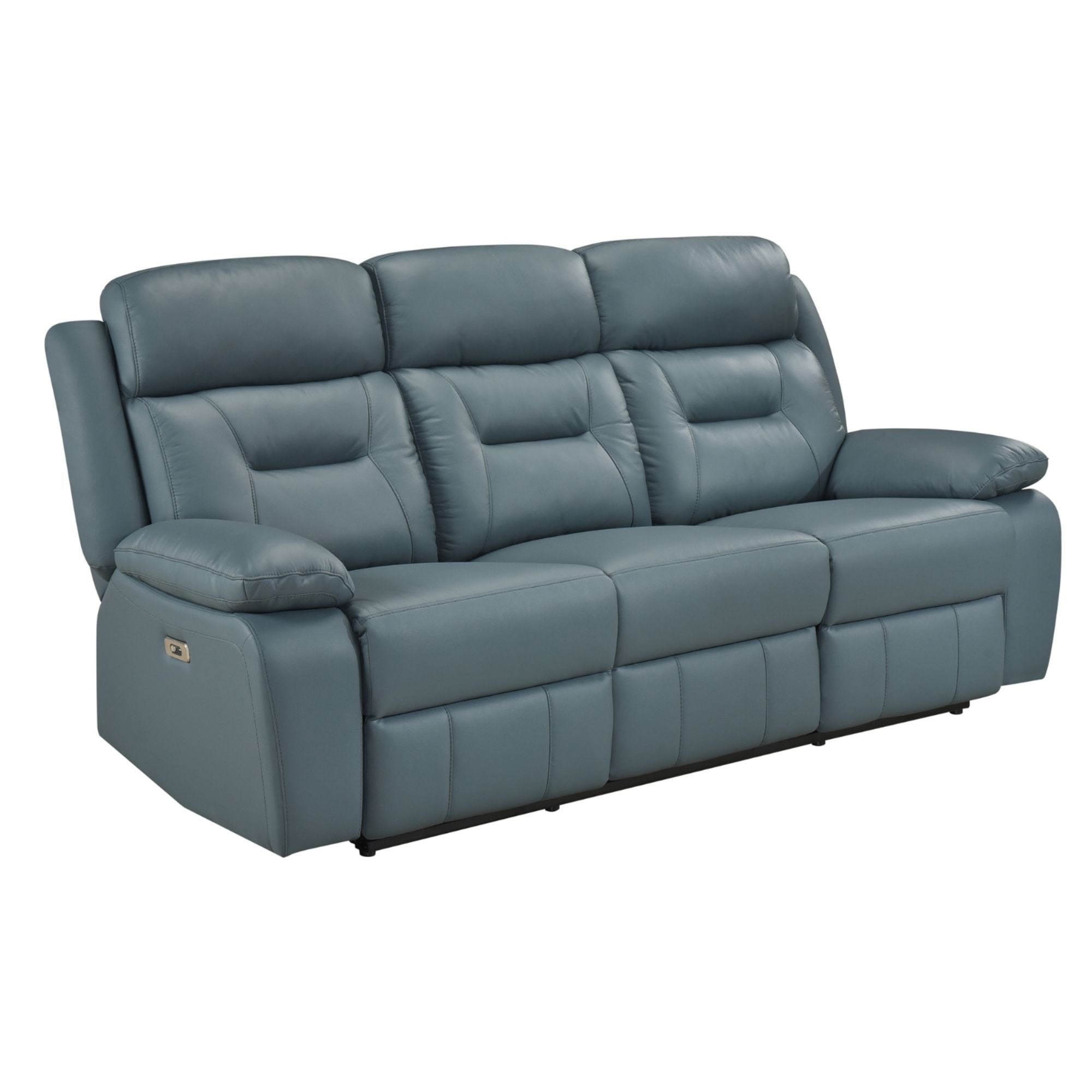 Blue-grey MAZ Laconia Collection power leather reclining sofa with plush cushions and sleek design.