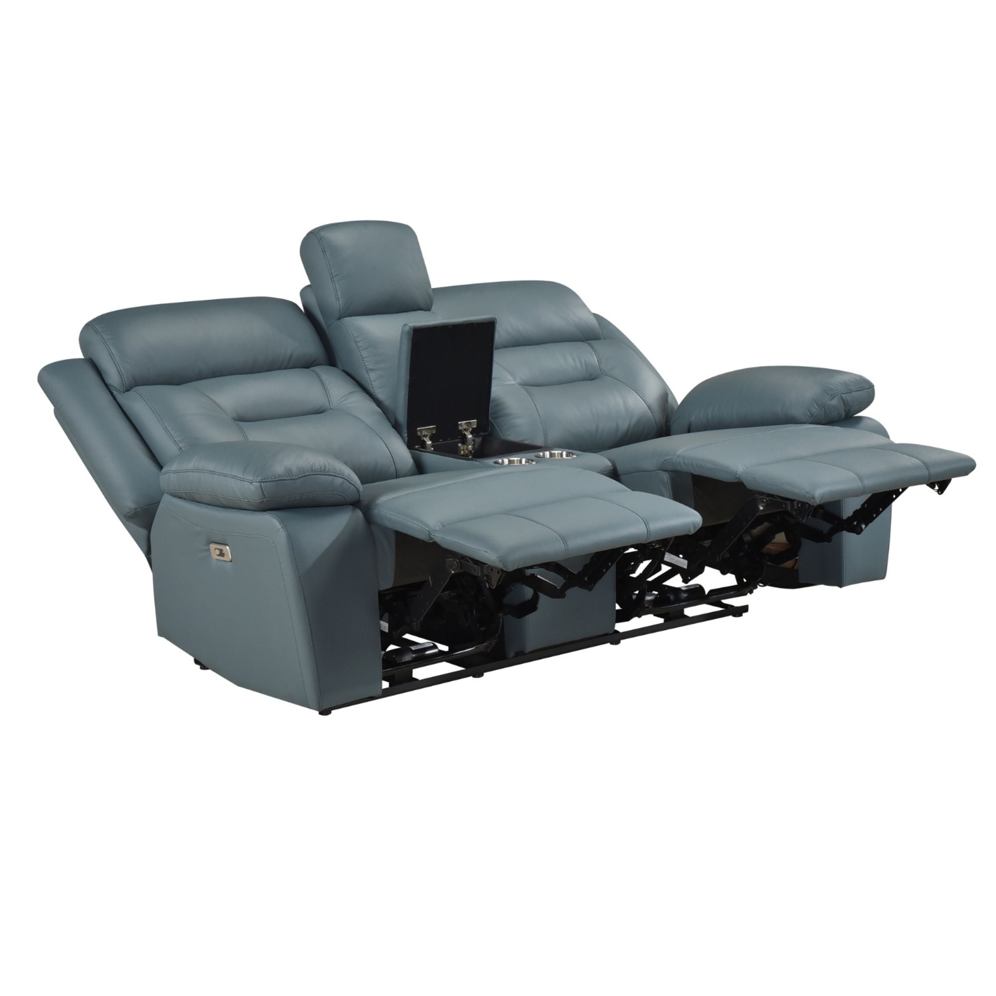 Blue-grey MAZ Laconia Collection power reclining sofa set with plush cushions and sleek design, perfect for modern living rooms.