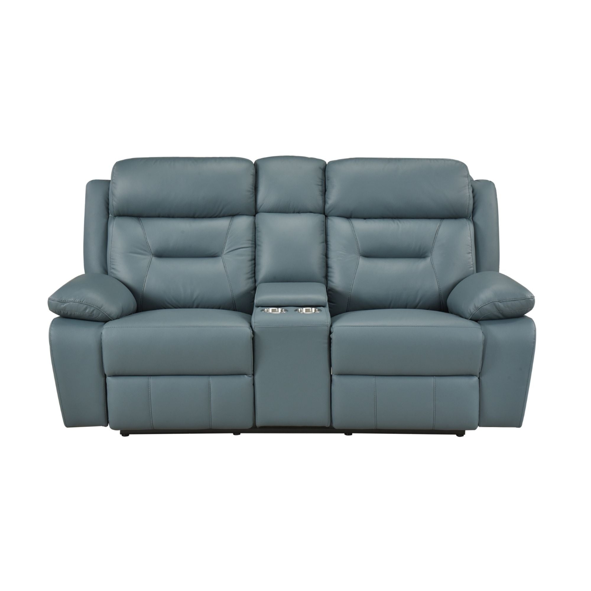 Blue-grey MAZ Laconia Collection power reclining sofa set with plush leather upholstery and cushioned seats.