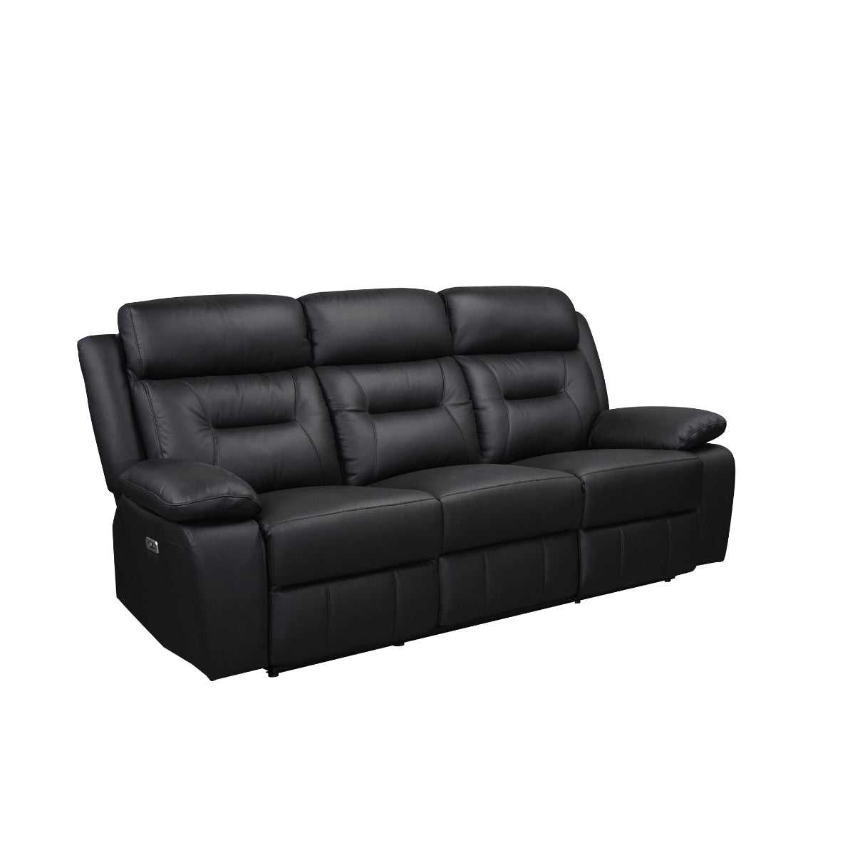 MAZ Laconia Collection black power reclining sofa with plush leather upholstery and modern design, viewed from an angle.