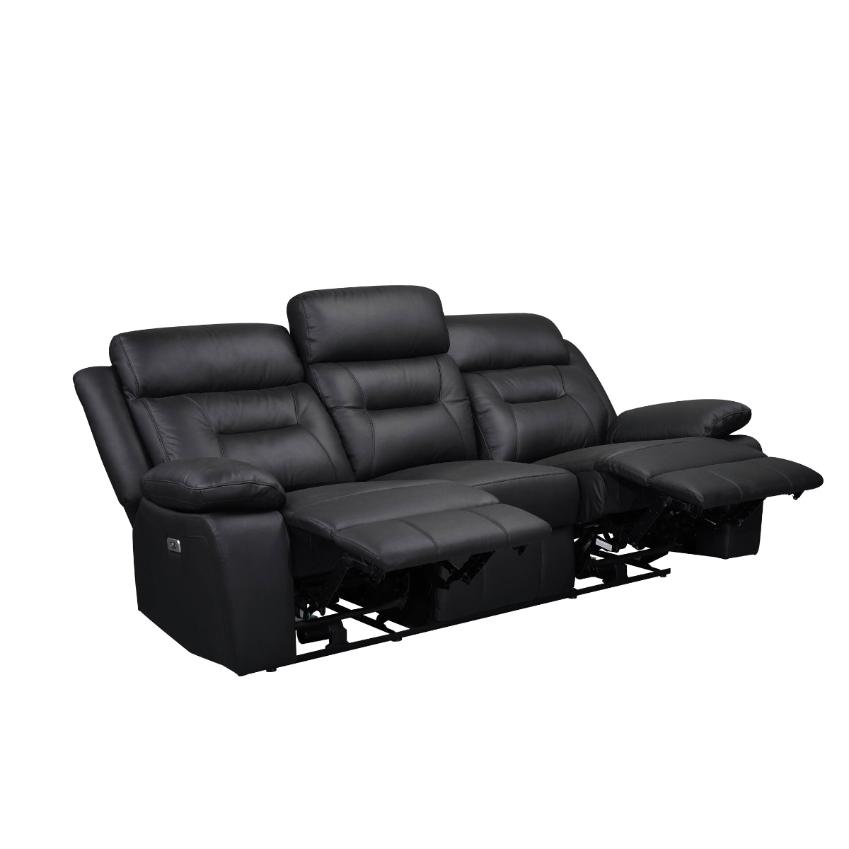 MAZ Laconia Collection black leather reclining sofa shown from an angled view with the seat reclined and no background.