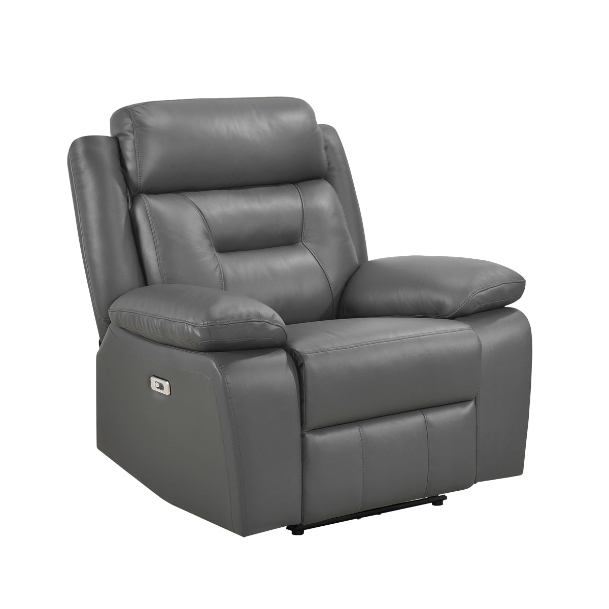 Gray leather reclining chair from the Laconia Collection by MAZ, featuring plush cushions and a smooth reclining mechanism.