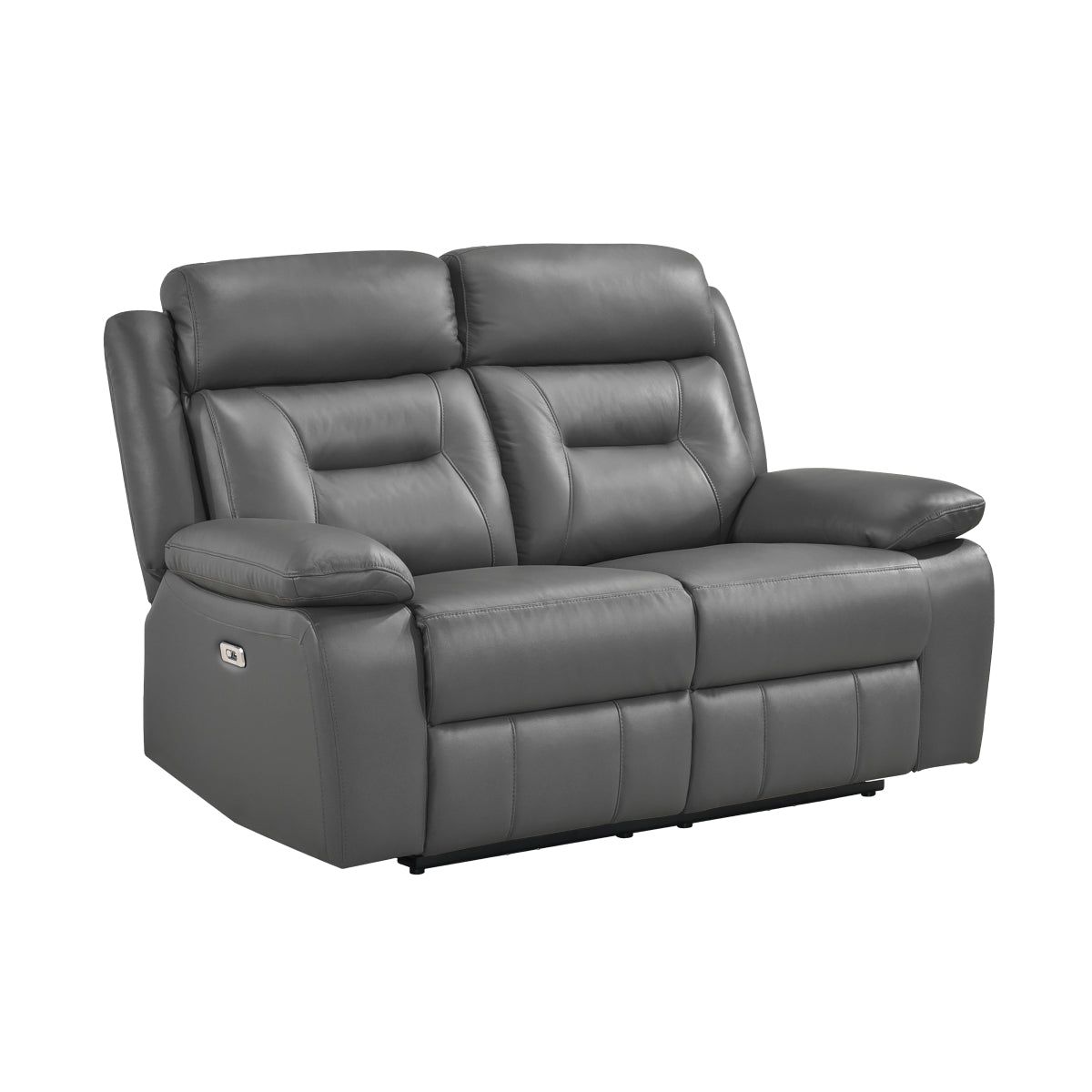 Gray MAZ Laconia Collection leather reclining loveseat with plush cushions and armrests, designed for comfortable seating.