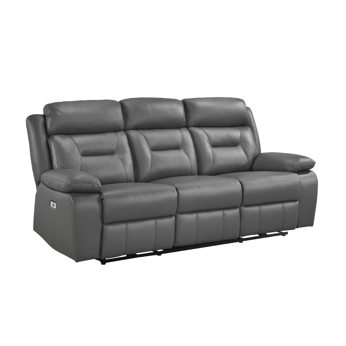 Gray MAZ Laconia Collection leather reclining sofa with plush cushions and reclining features, perfect for comfortable living rooms.