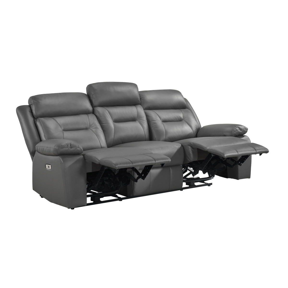 MAZ Laconia Collection grey leather reclining sofa showing plush cushions and extended footrest in a modern living room setting.