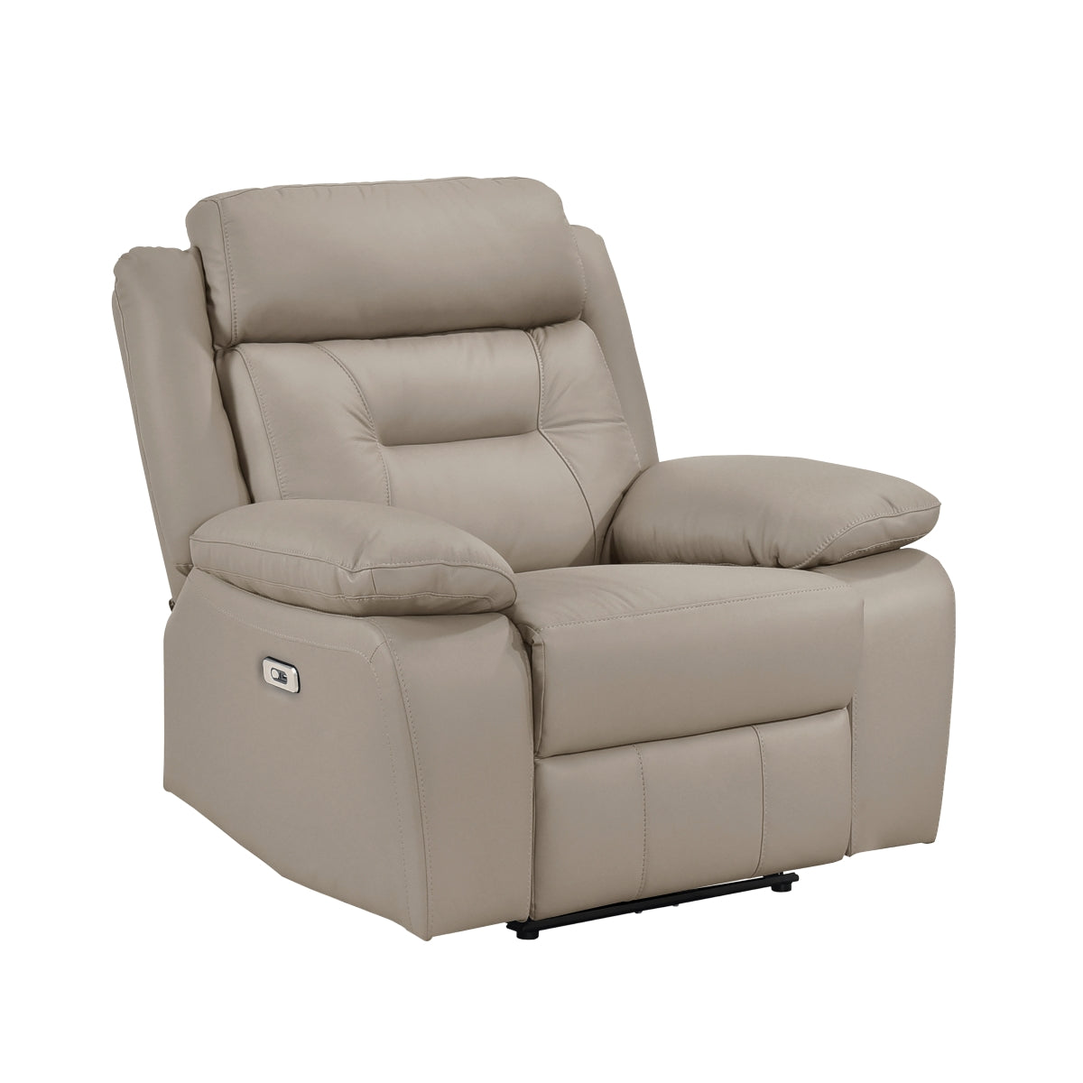 MAZ Laconia Collection leather recliner in taupe with plush cushioning and reclining feature, shown from a front angle.