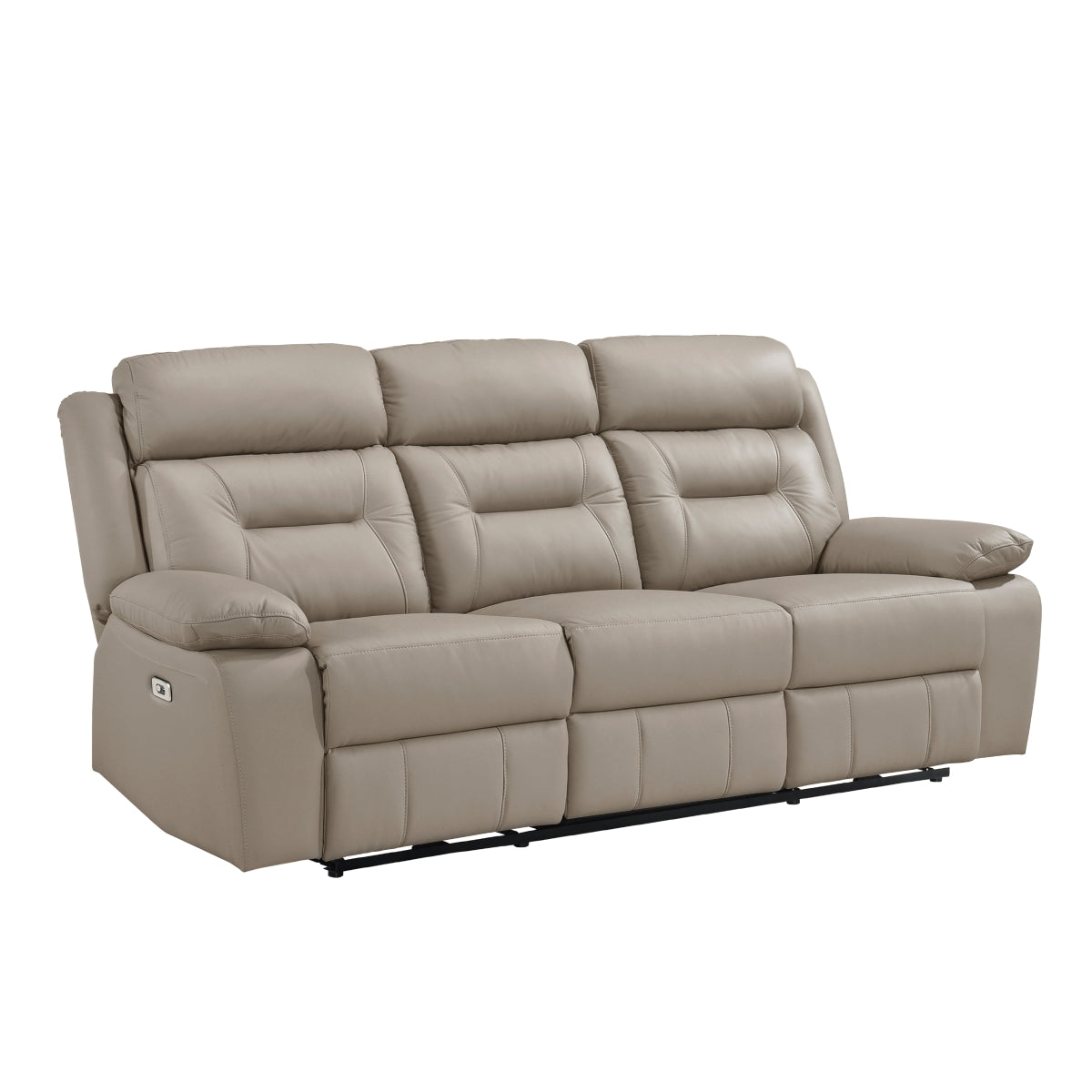 MAZ Laconia Collection leather reclining sofa in taupe with plush cushions and recliner mechanisms, perfect for modern living rooms.