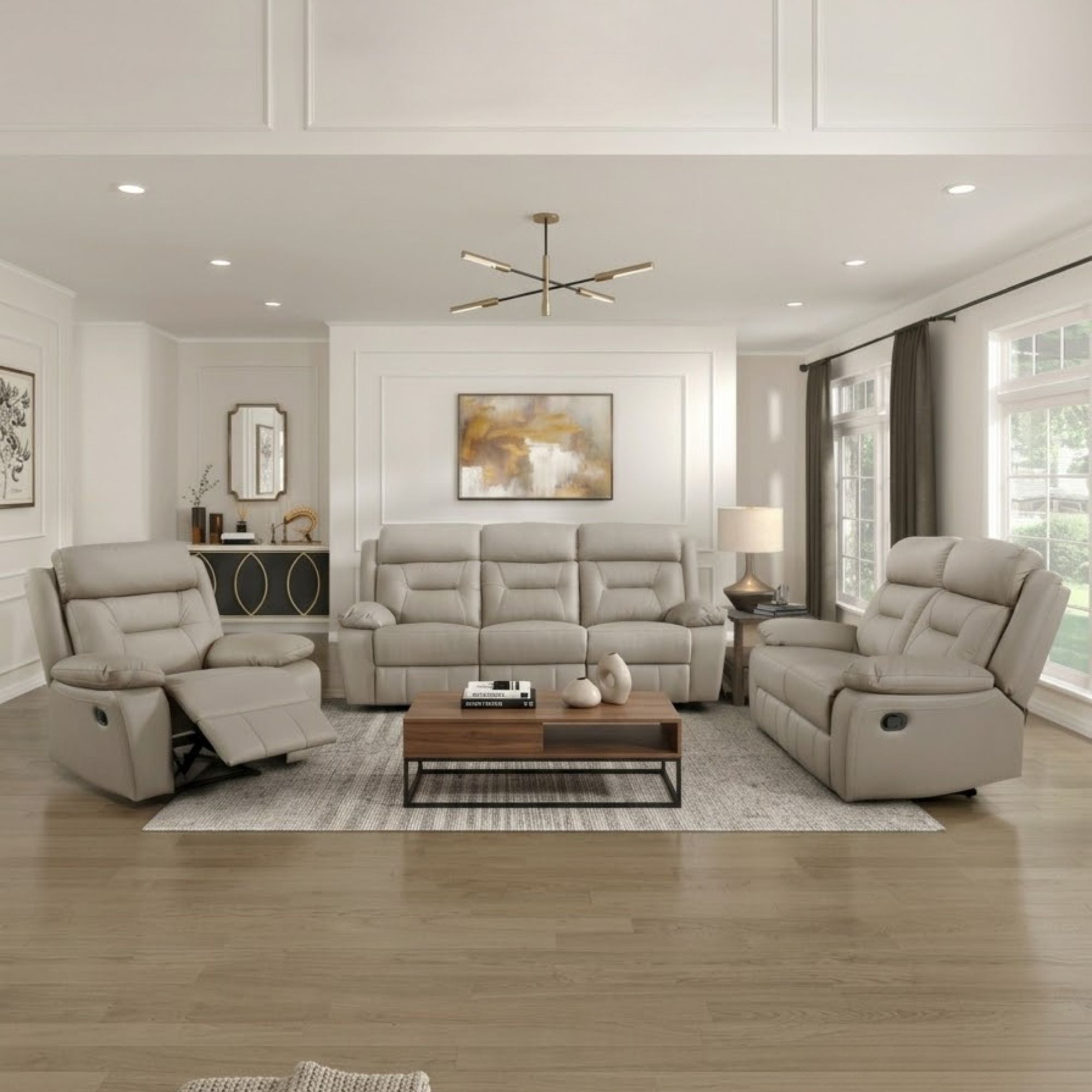 MAZ Laconia Collection 3-piece taupe leather power reclining sofa set with plush cushions and modern design.