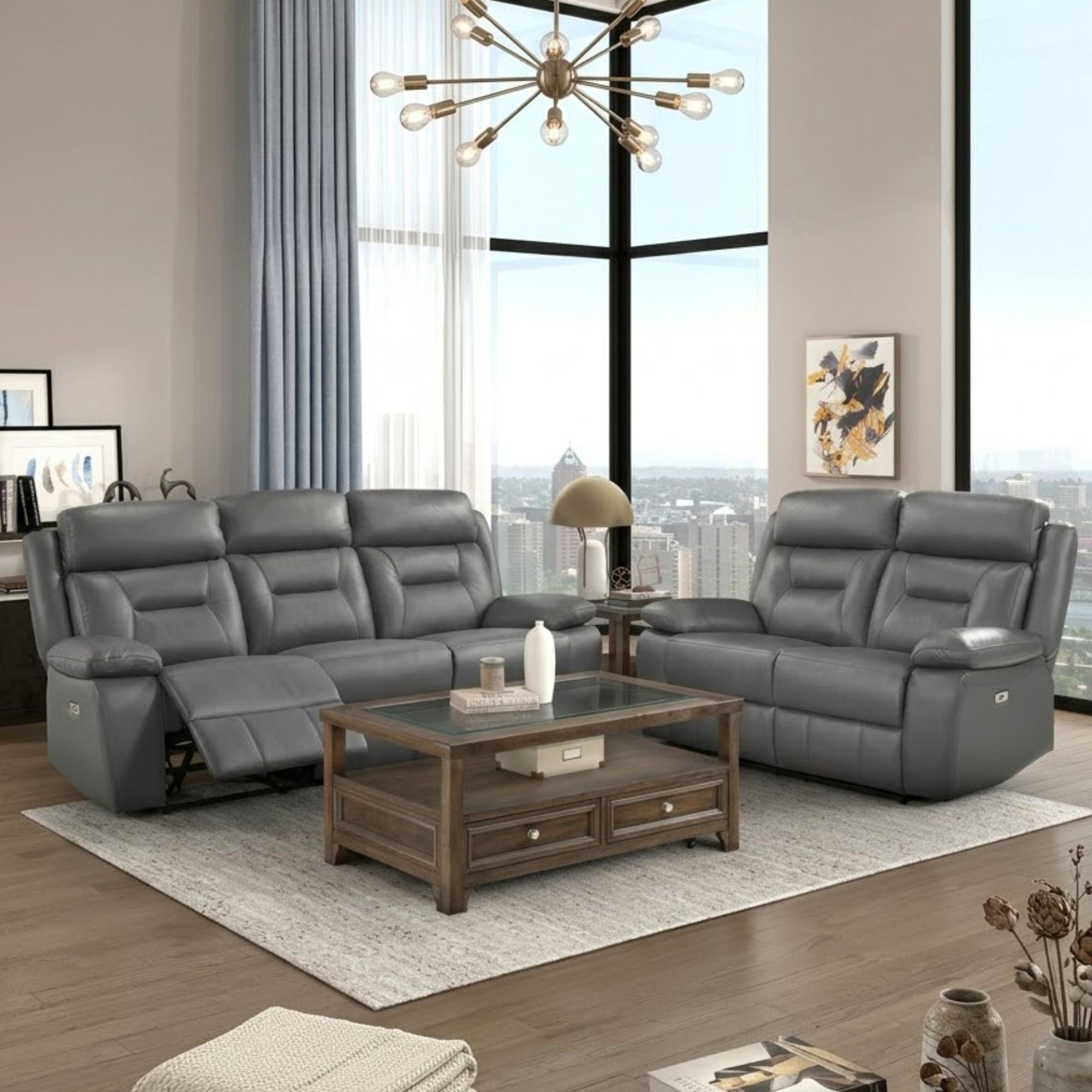 MAZ Laconia Collection 2-piece grey leather power reclining sofa set with plush cushions and modern design.