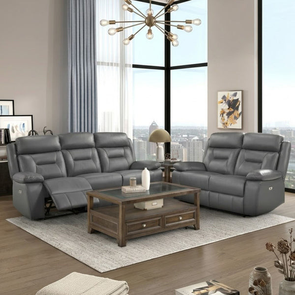 MAZ Laconia Collection 2-piece grey leather power reclining sofa set with plush cushions and modern design.