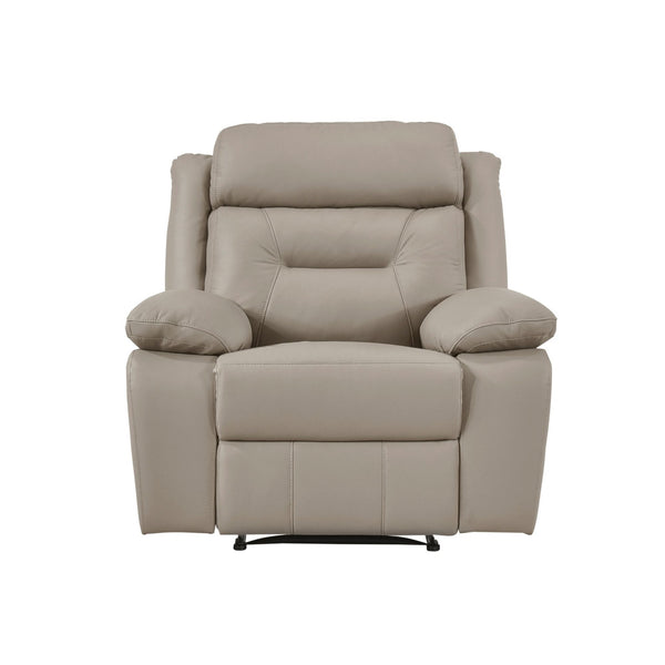 MAZ Laconia Collection 3-piece leather reclining sofa set in taupe with power recline and plush cushions.