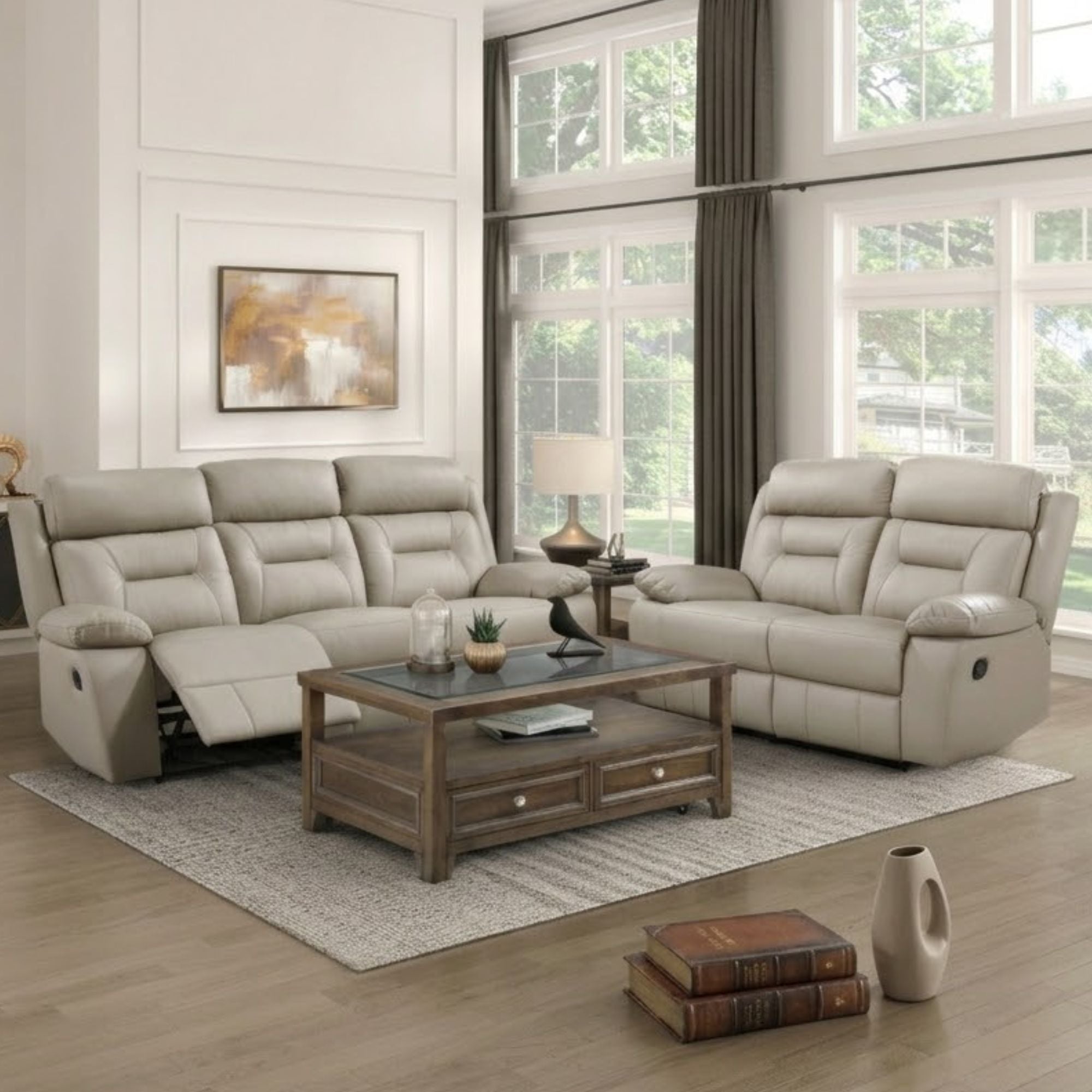 MAZ Laconia Collection taupe leather reclining loveseat with plush cushions and wide armrests, perfect for comfortable lounging.