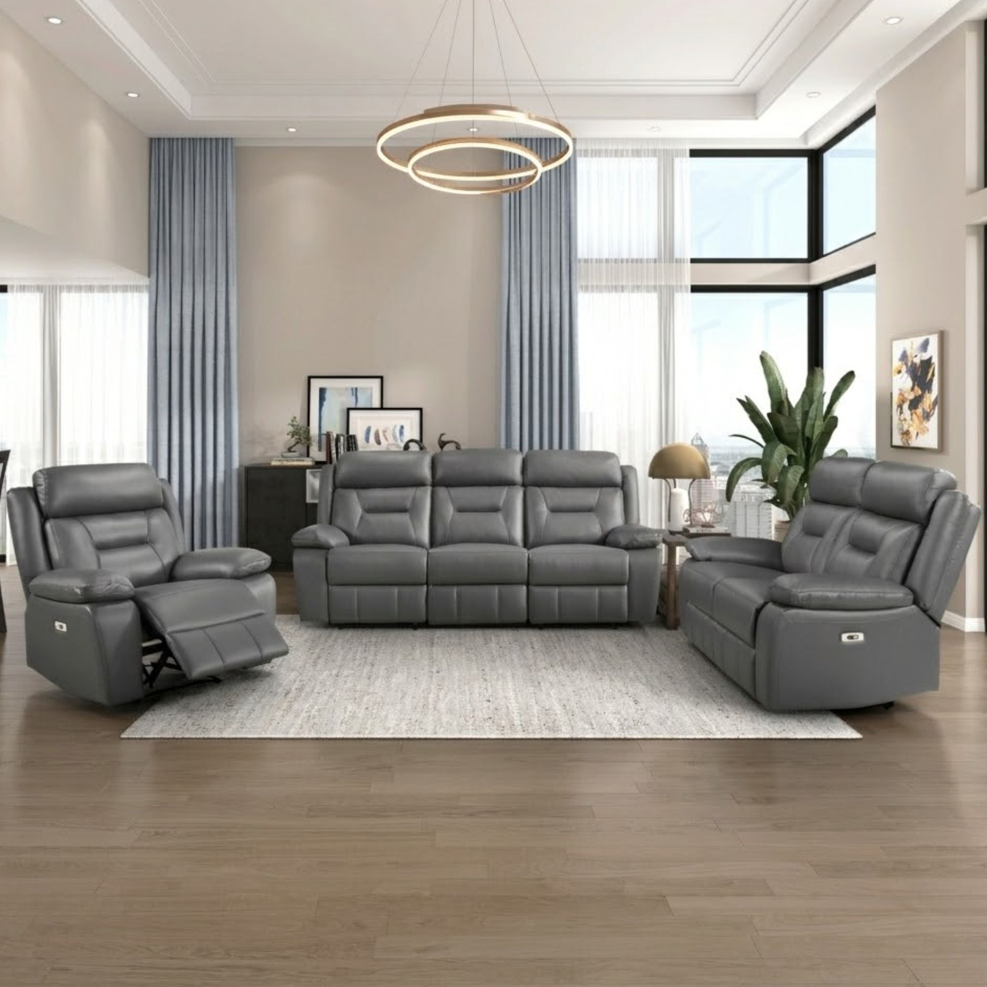 MAZ Laconia Collection grey 3-piece leather power reclining sofa set with plush cushions and modern design.