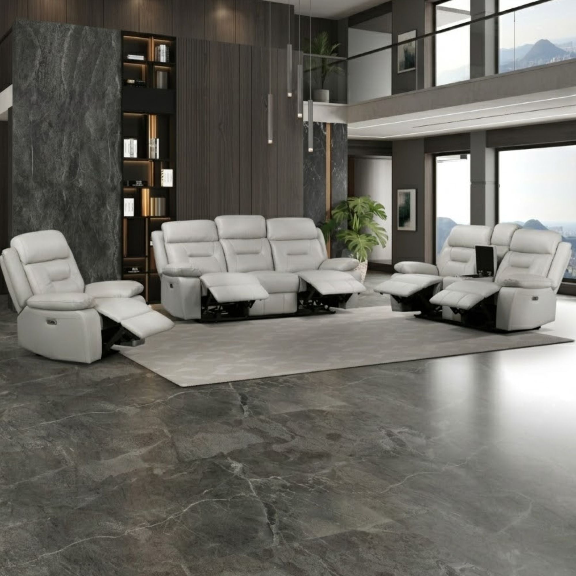 MAZ Laconia Collection power reclining sofa set in off-white with built-in console, featuring plush cushions and modern design.