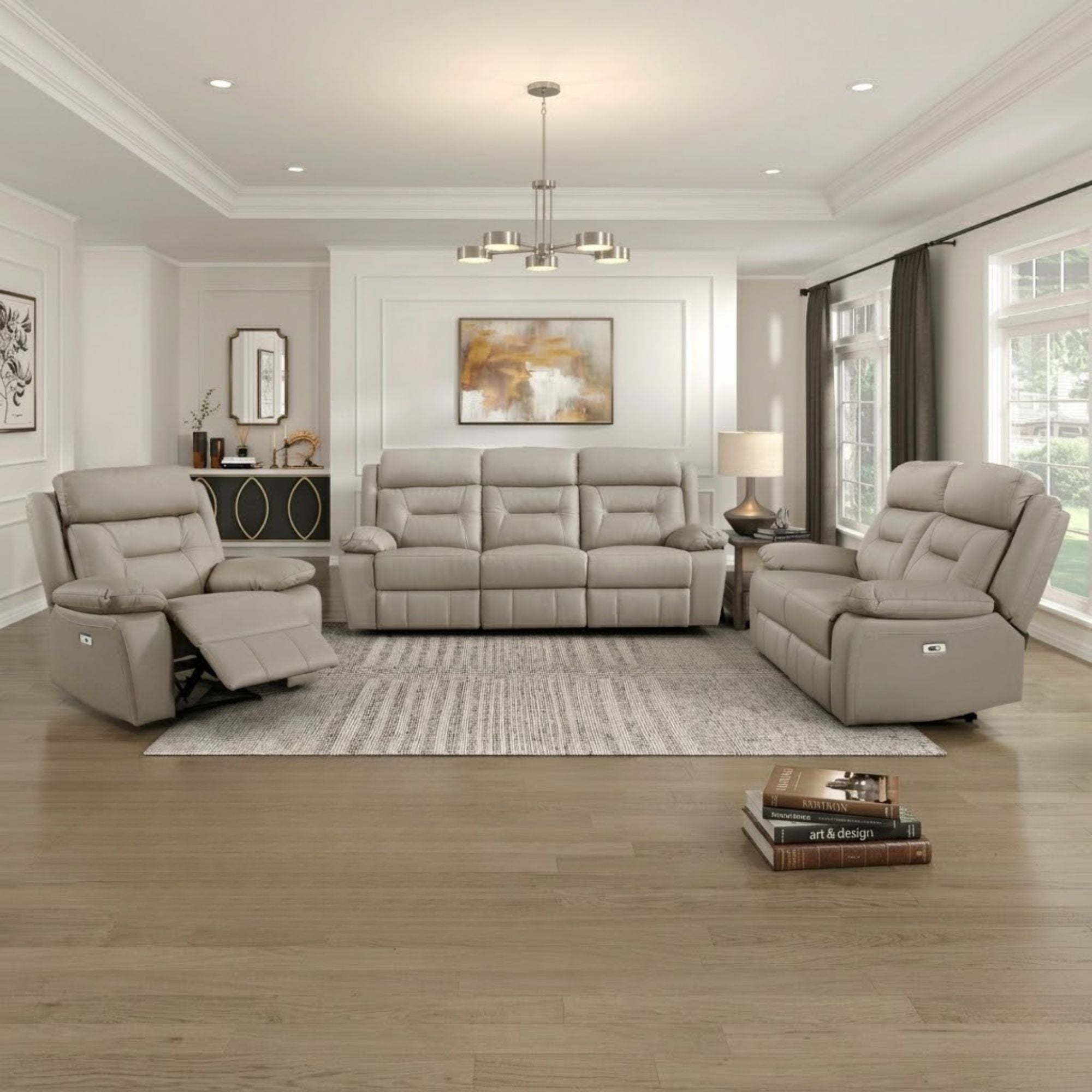 MAZ Laconia Collection 3-piece leather power reclining sofa set in taupe with plush cushions and modern design.