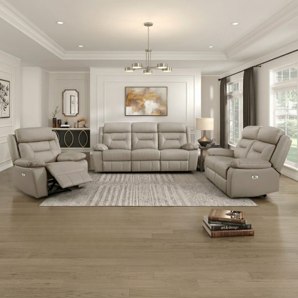MAZ Laconia Collection 3-piece leather power reclining sofa set in taupe with plush cushions and modern design.