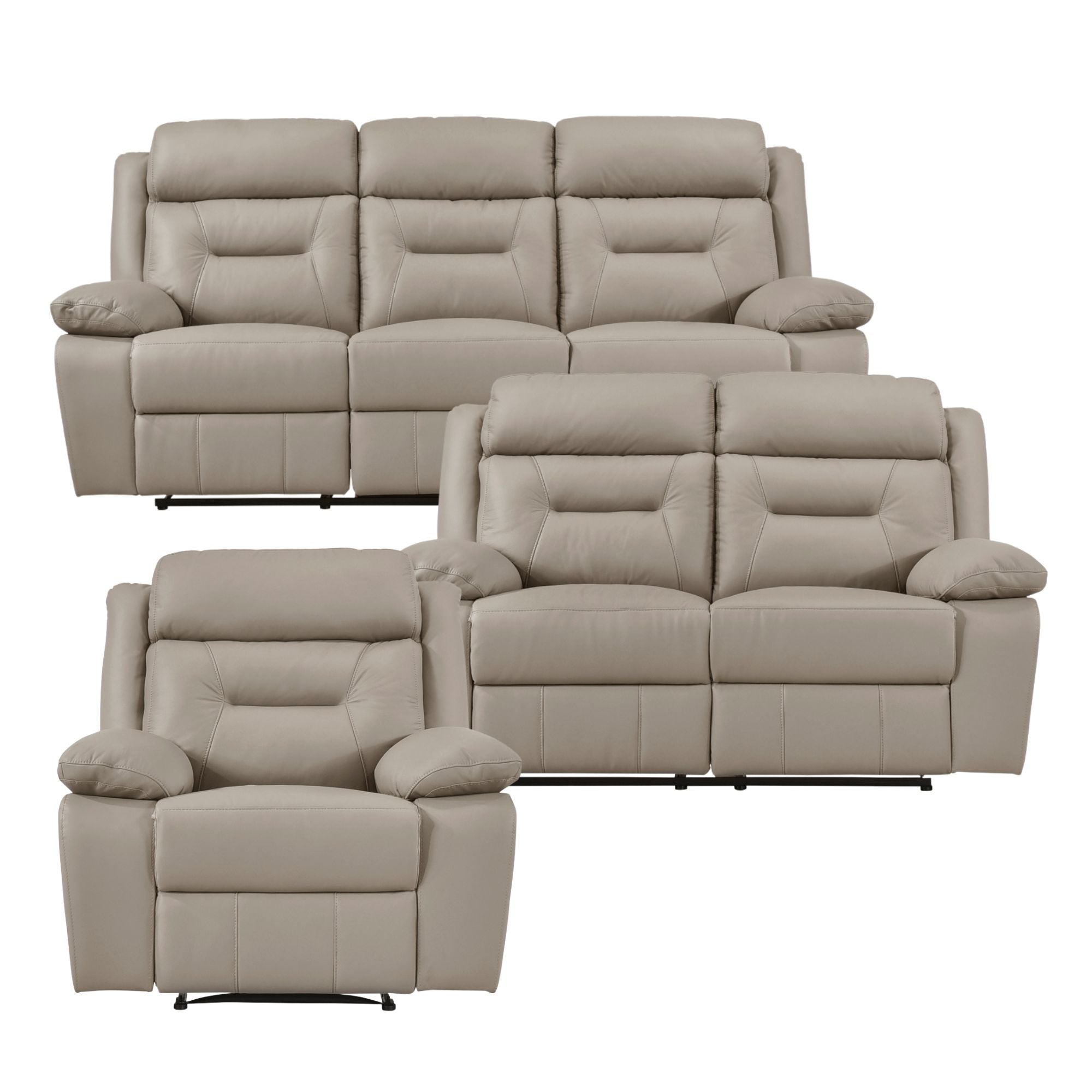 MAZ Laconia Collection 3-piece taupe leather power reclining sofa set with plush cushions and modern design.