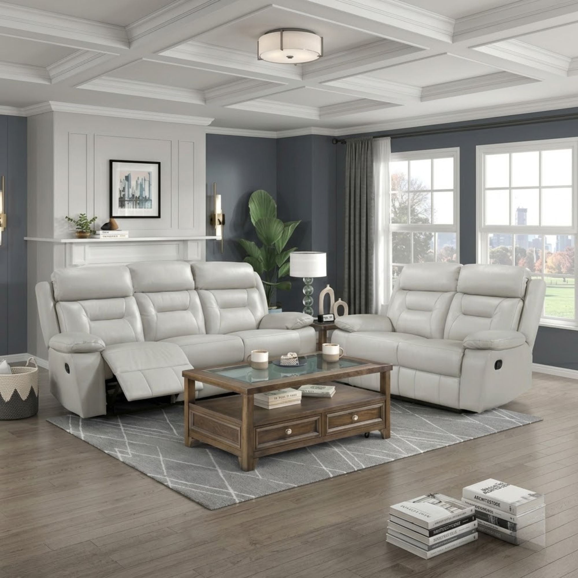 MAZ Laconia Collection power leather reclining sofa in off-white, showcasing plush cushions and ergonomic reclining features.