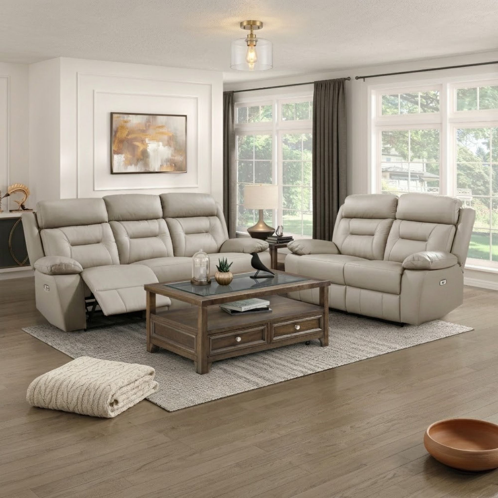 MAZ Laconia Collection 2-piece leather power reclining sofa set in taupe, shown with plush cushions and modern design.