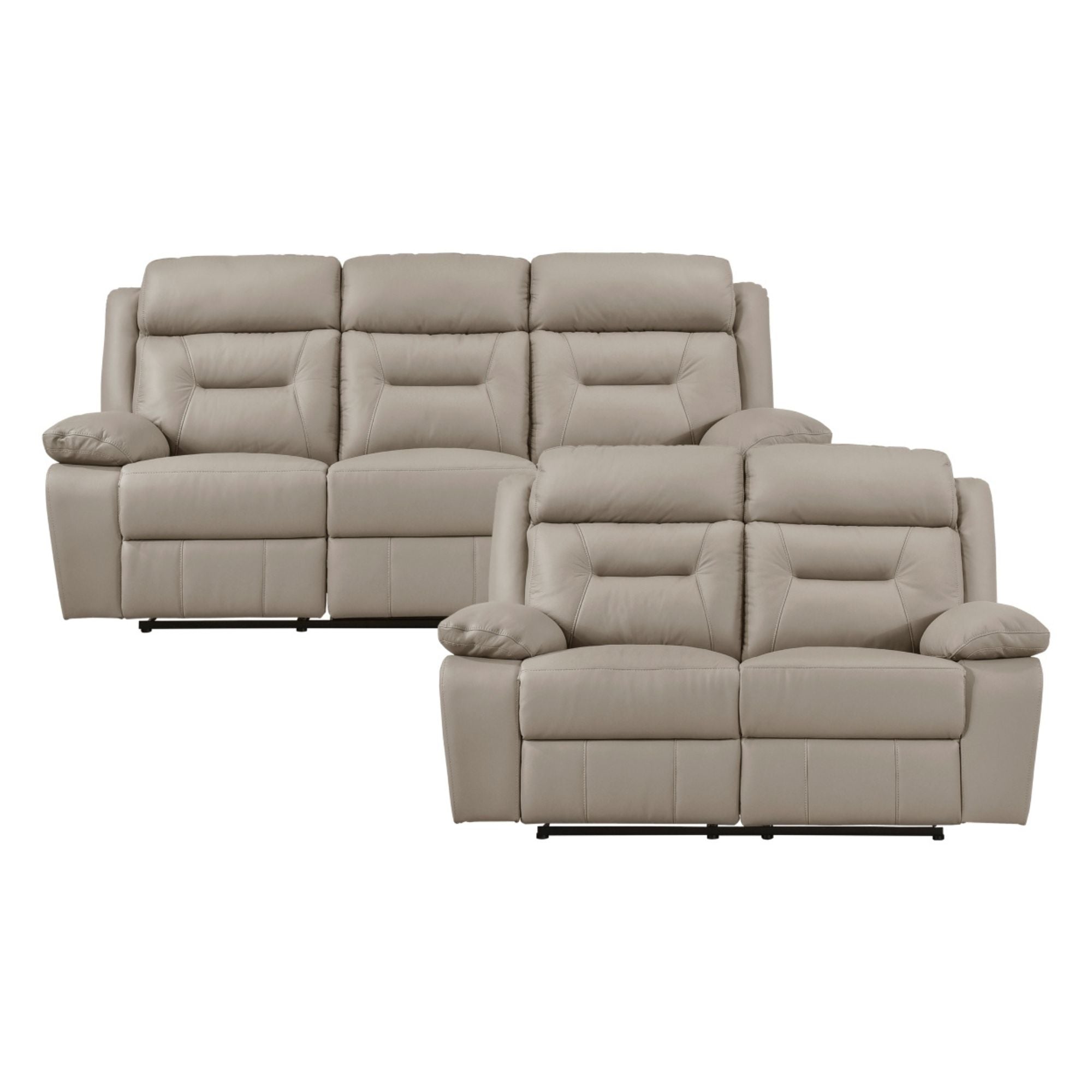 MAZ Laconia Collection taupe leather power reclining sofa set with plush cushions and reclining features, close-up view.