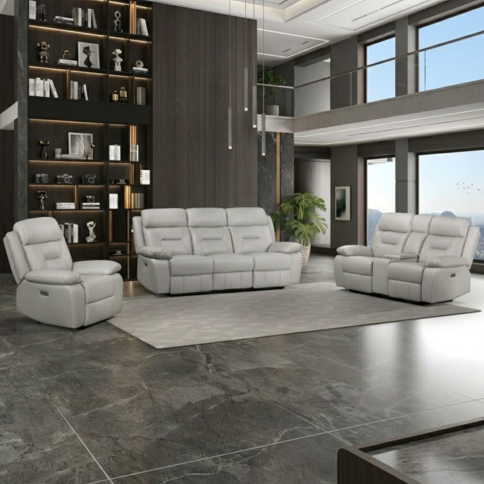 MAZ Laconia Collection power reclining sofa set in off-white with built-in console, featuring plush cushions and modern design.