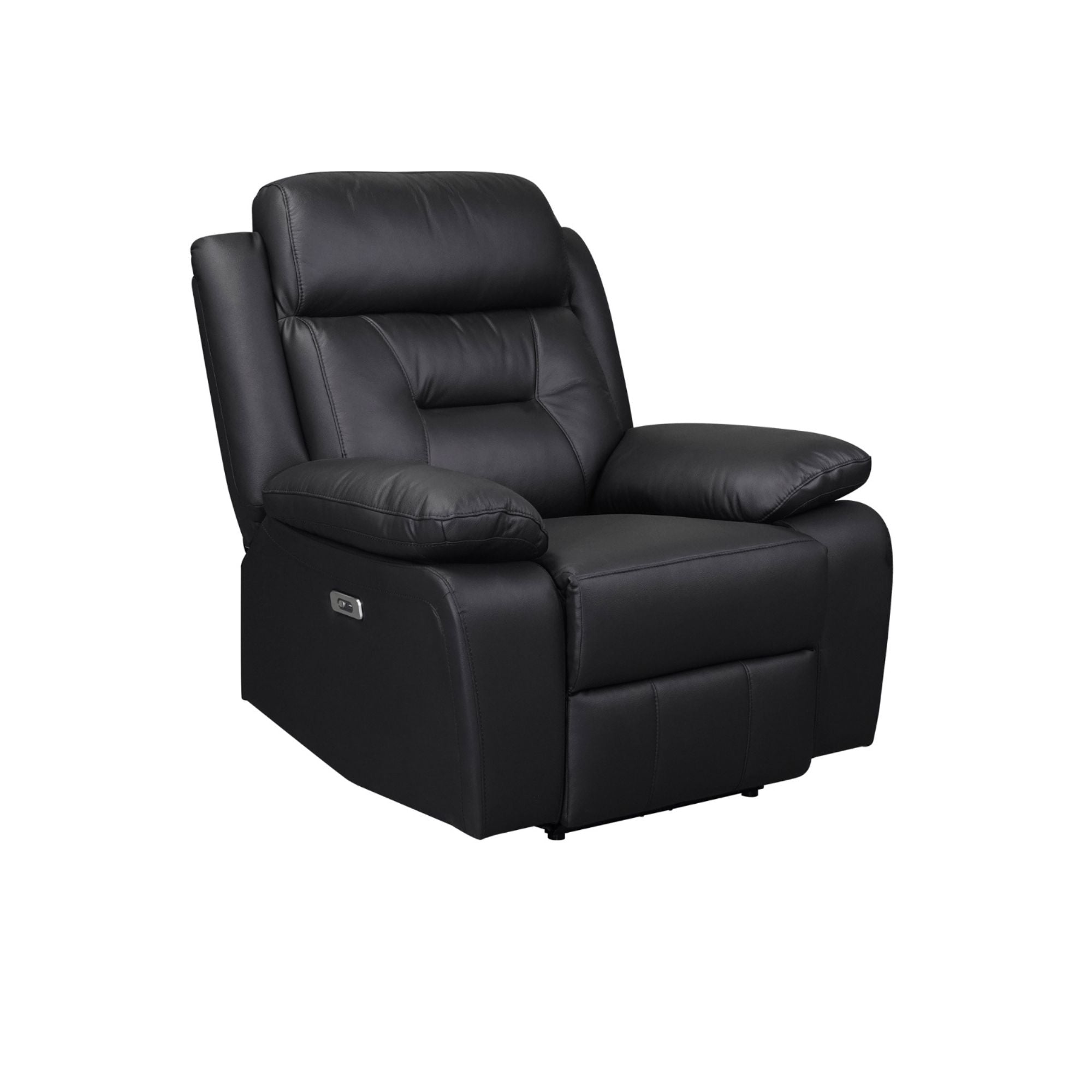 Black MAZ Laconia Collection power reclining sofa set with plush leather upholstery and multiple reclining seats.