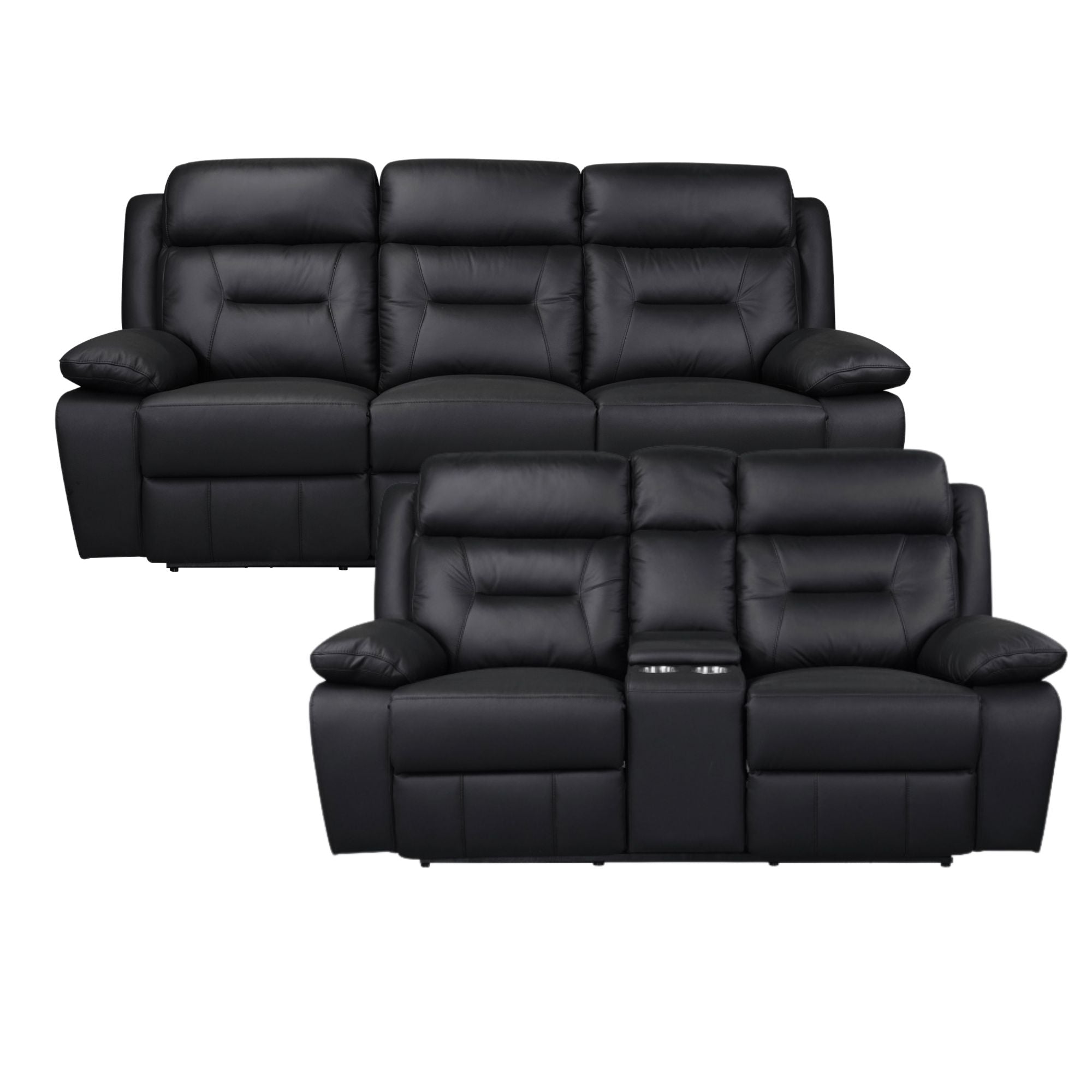 Black MAZ Laconia Collection power leather reclining sofa set with plush cushions and reclining features.