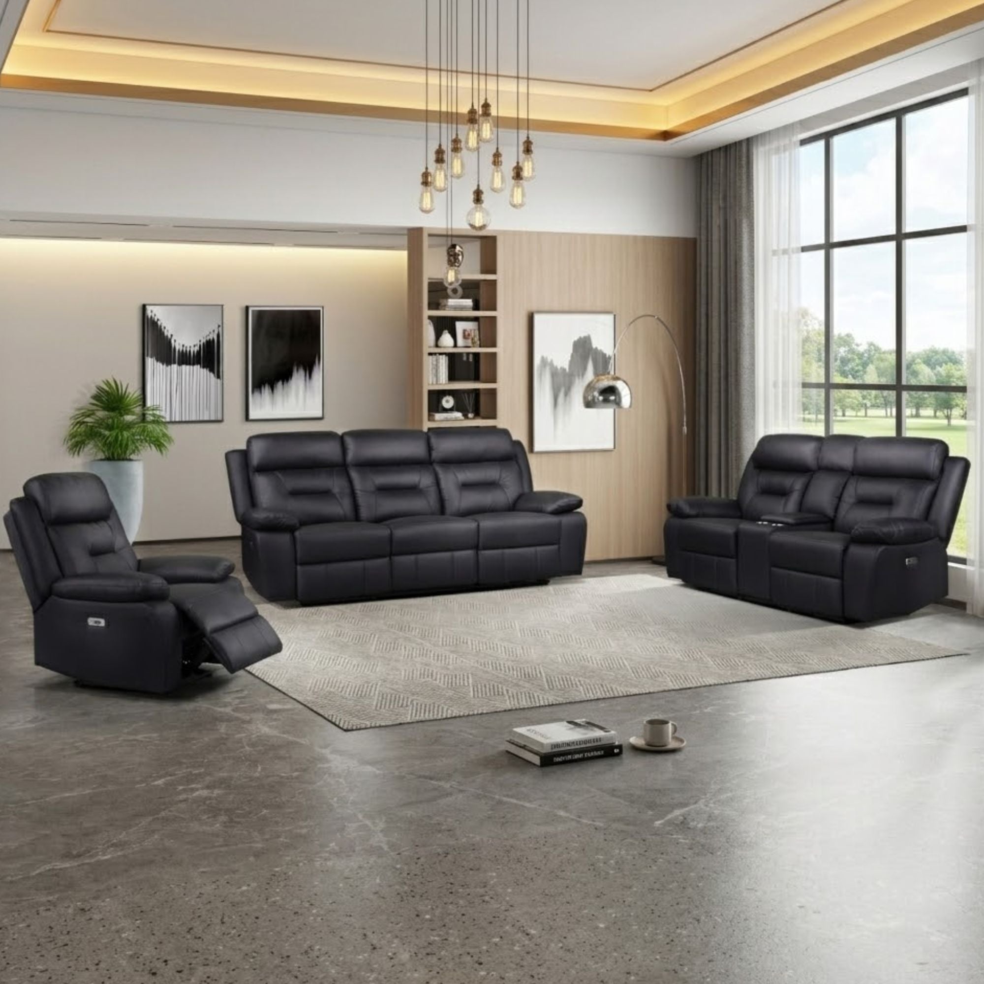 Black MAZ Laconia Collection power reclining sofa set with plush leather seats and modern design, shown from a front view.