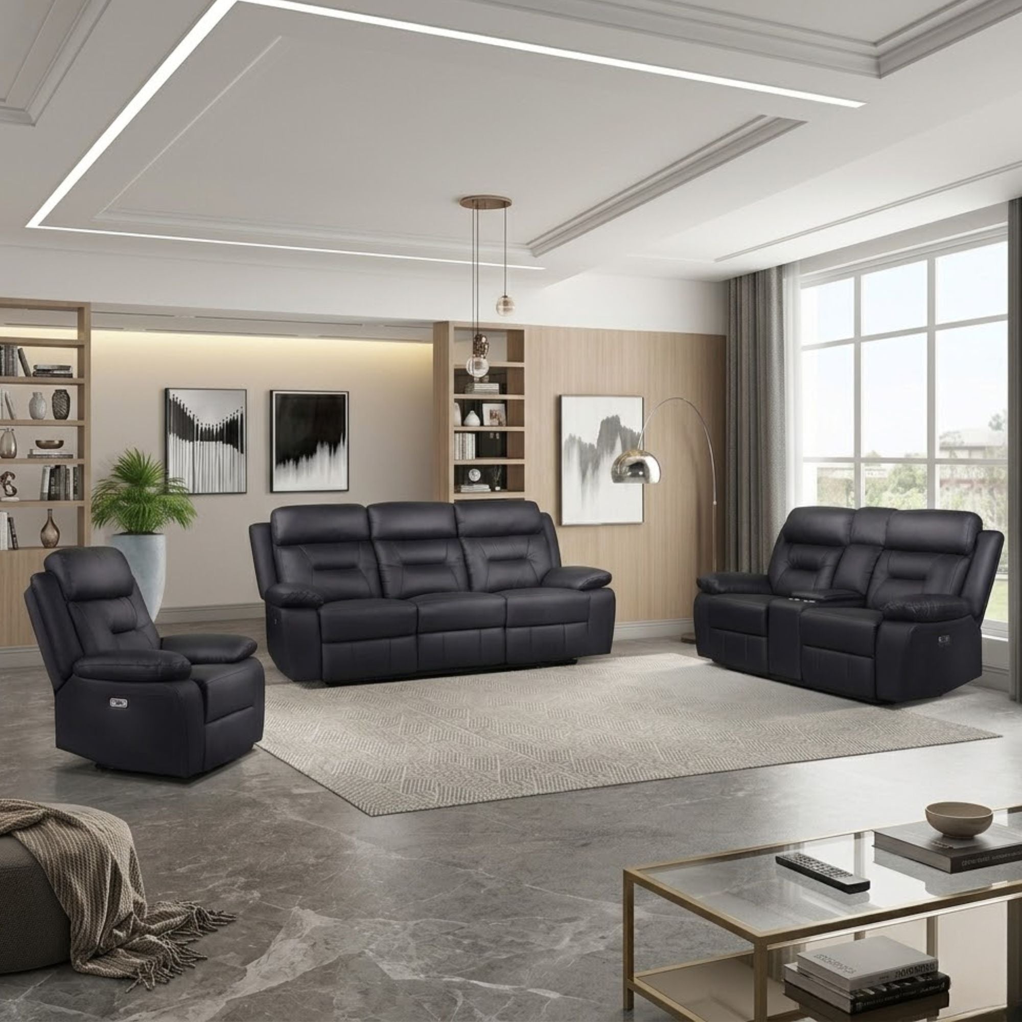 Black MAZ Laconia Collection power reclining sofa set with plush leather seats and built-in reclining mechanisms.