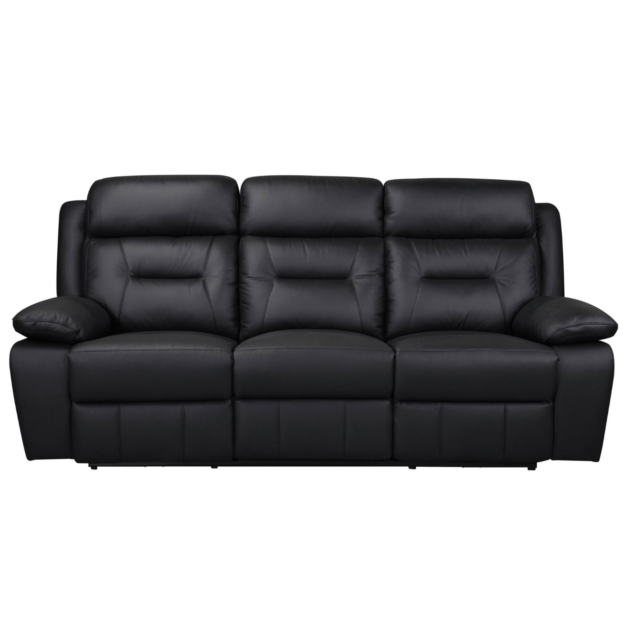 Black MAZ Laconia Collection power leather reclining sofa set with plush cushions and reclining features.