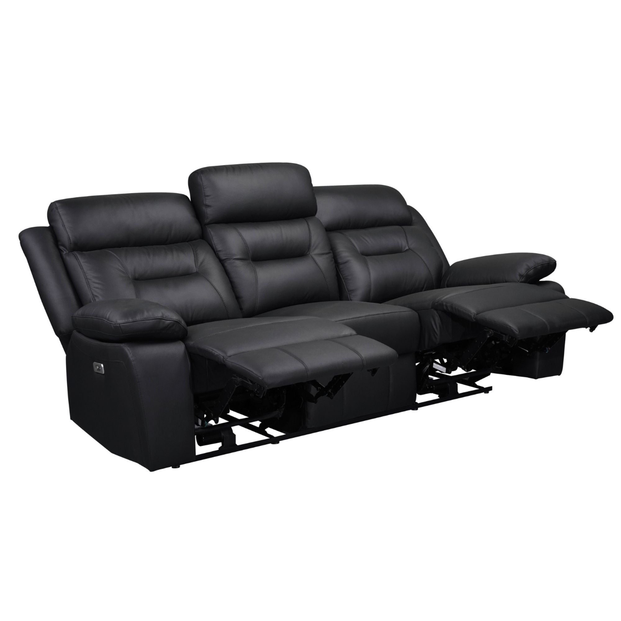 Black MAZ Laconia Collection power leather reclining sofa set with plush cushions and modern design, shown from the front.