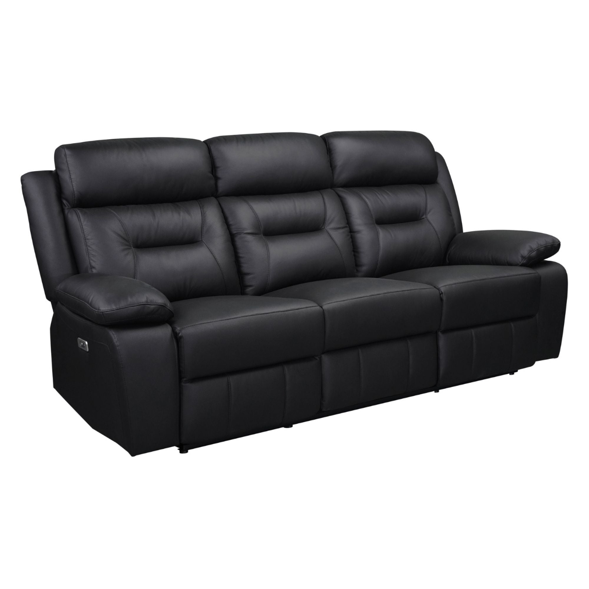 Black MAZ Laconia Collection power leather reclining sofa set with multiple seats and plush cushioning, designed for comfort and style.
