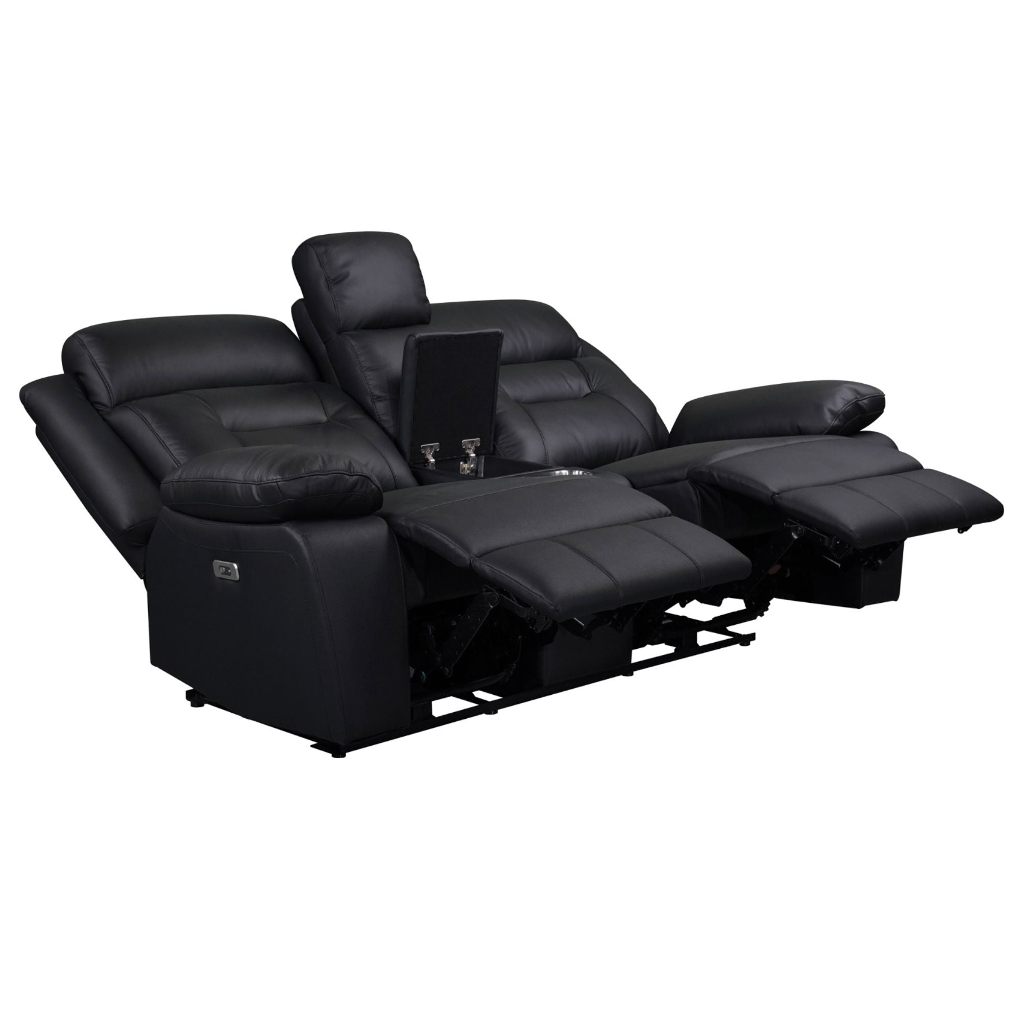 Black MAZ Laconia Collection power reclining sofa set with plush leather upholstery and modern design, shown from a front angle.