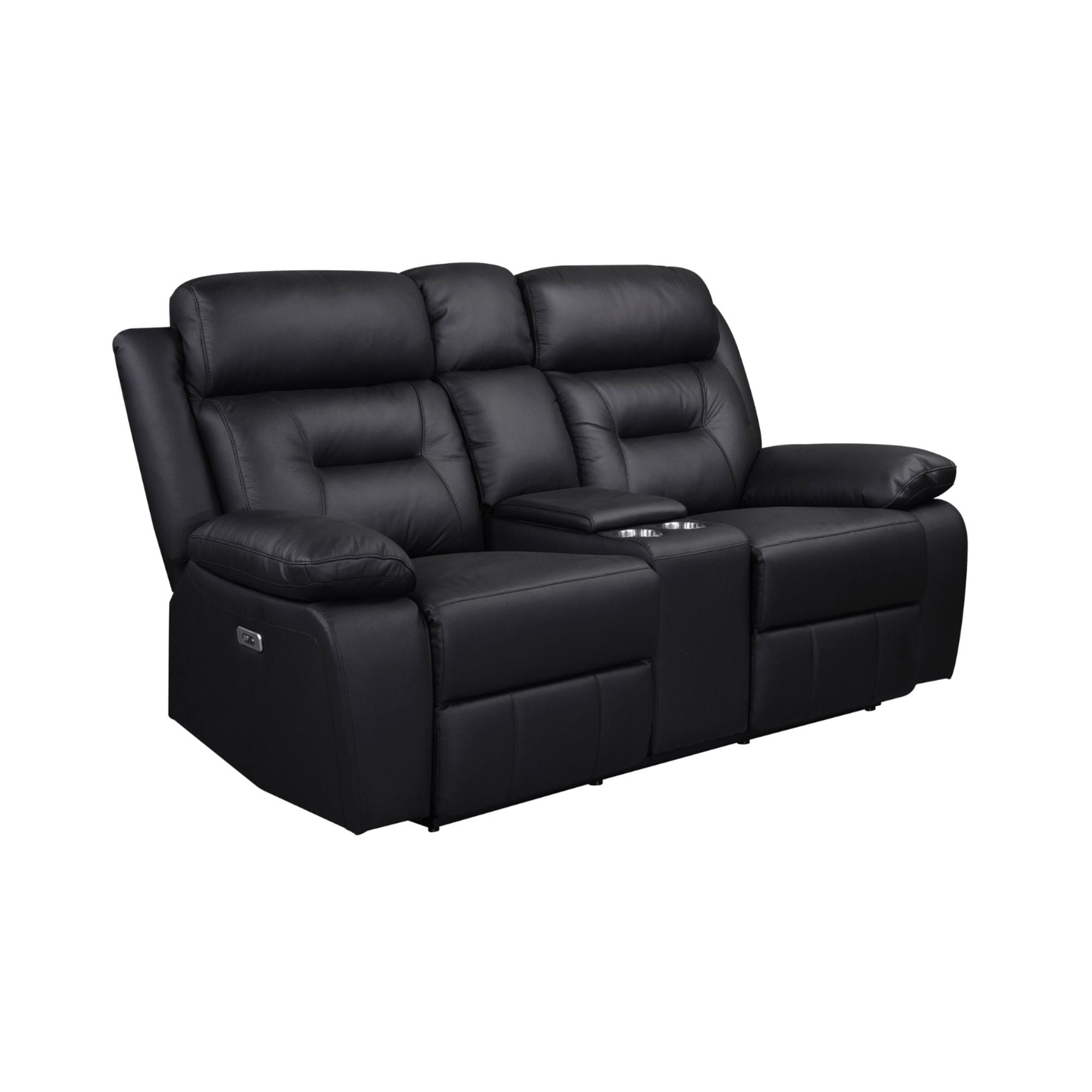 Black MAZ Laconia Collection power reclining sofa set with plush leather seats and modern design, shown from a front angle.